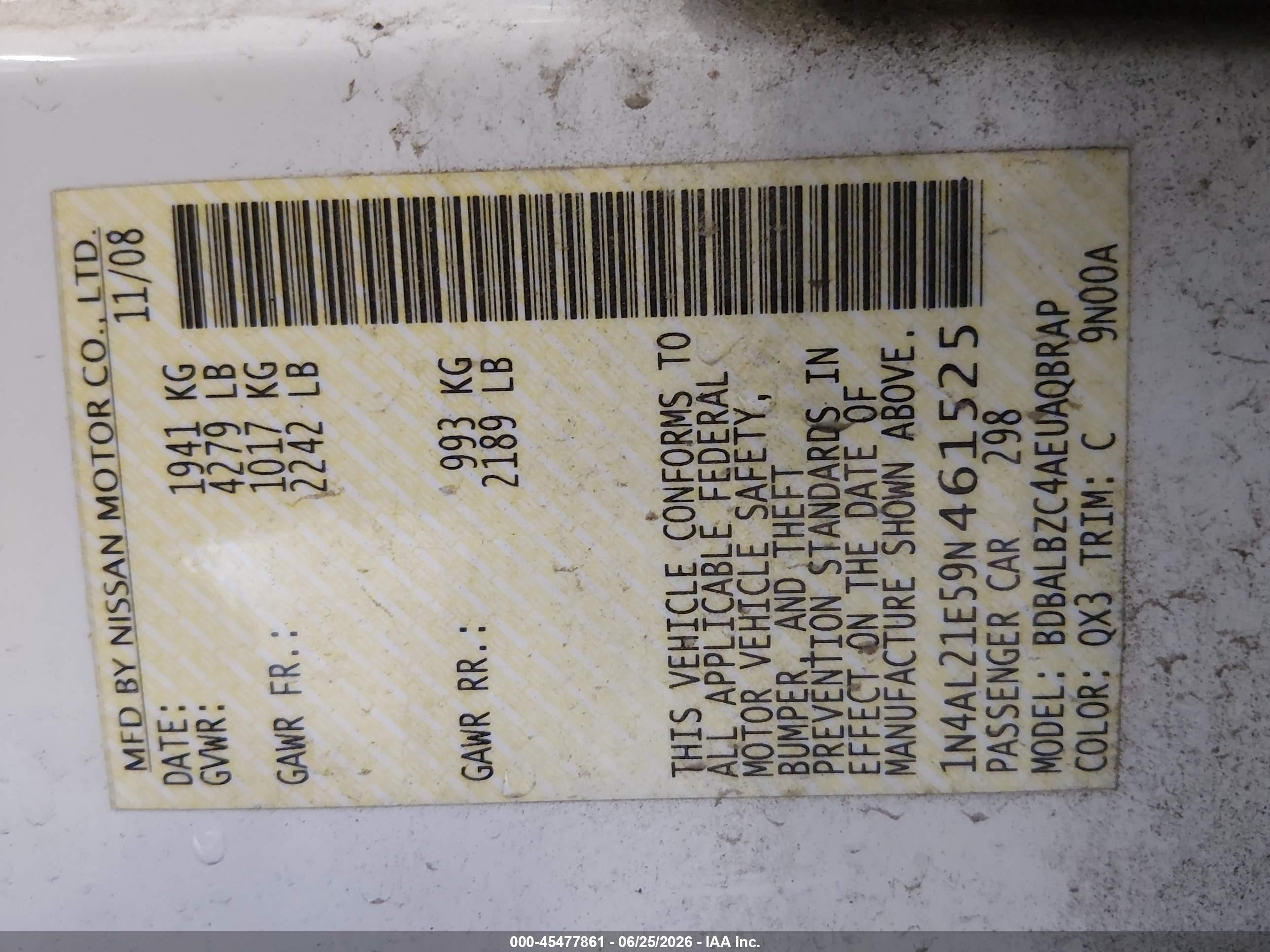 2009 Nissan Altima 2.5 S White vin: 1N4AL21E59N461525