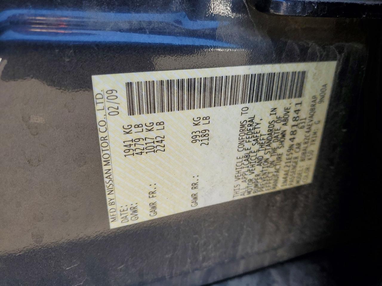 2009 Nissan Altima 2.5 Charcoal vin: 1N4AL21E59N481841