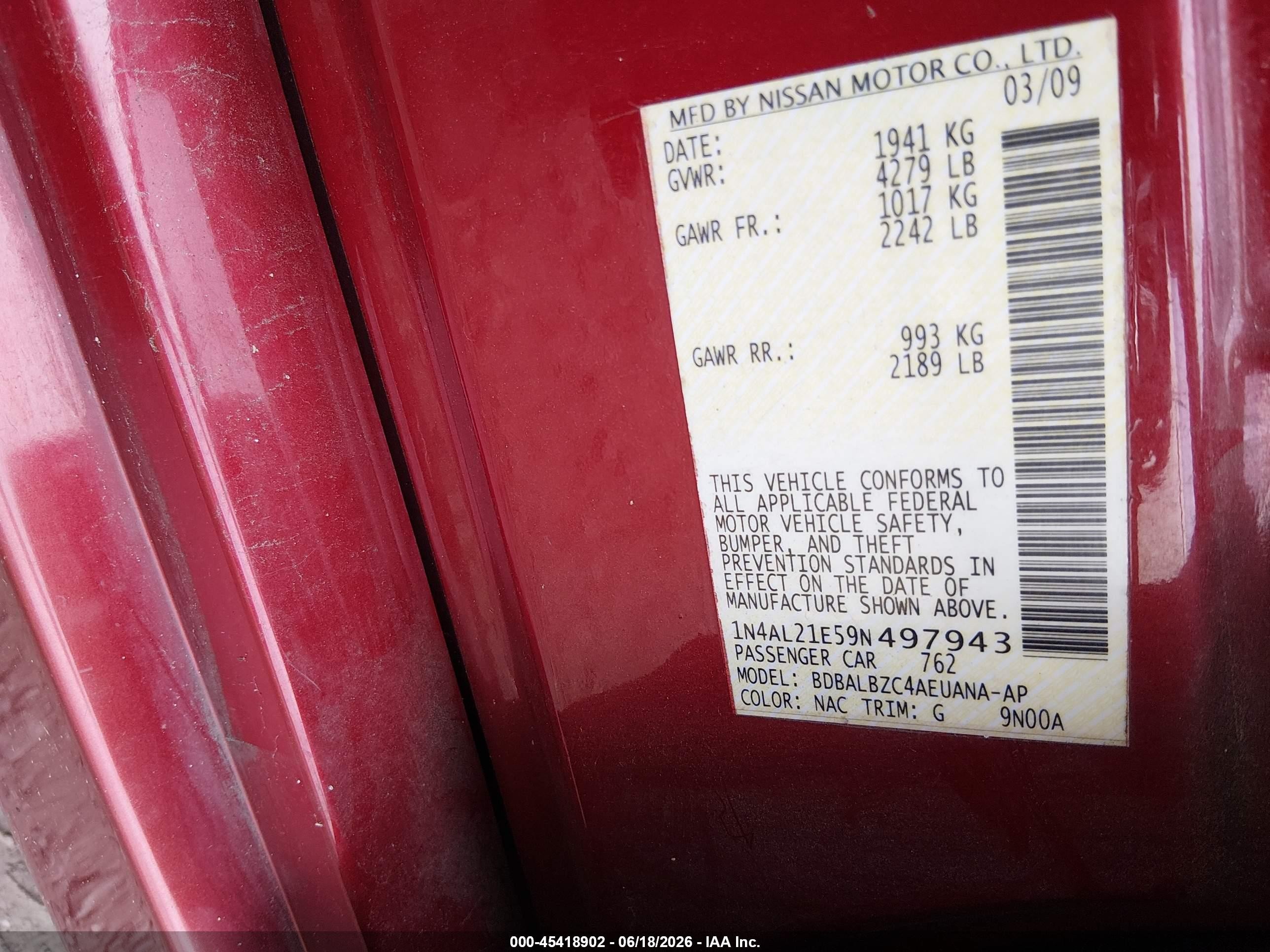 2009 Nissan Altima 2.5 S Red vin: 1N4AL21E59N497943