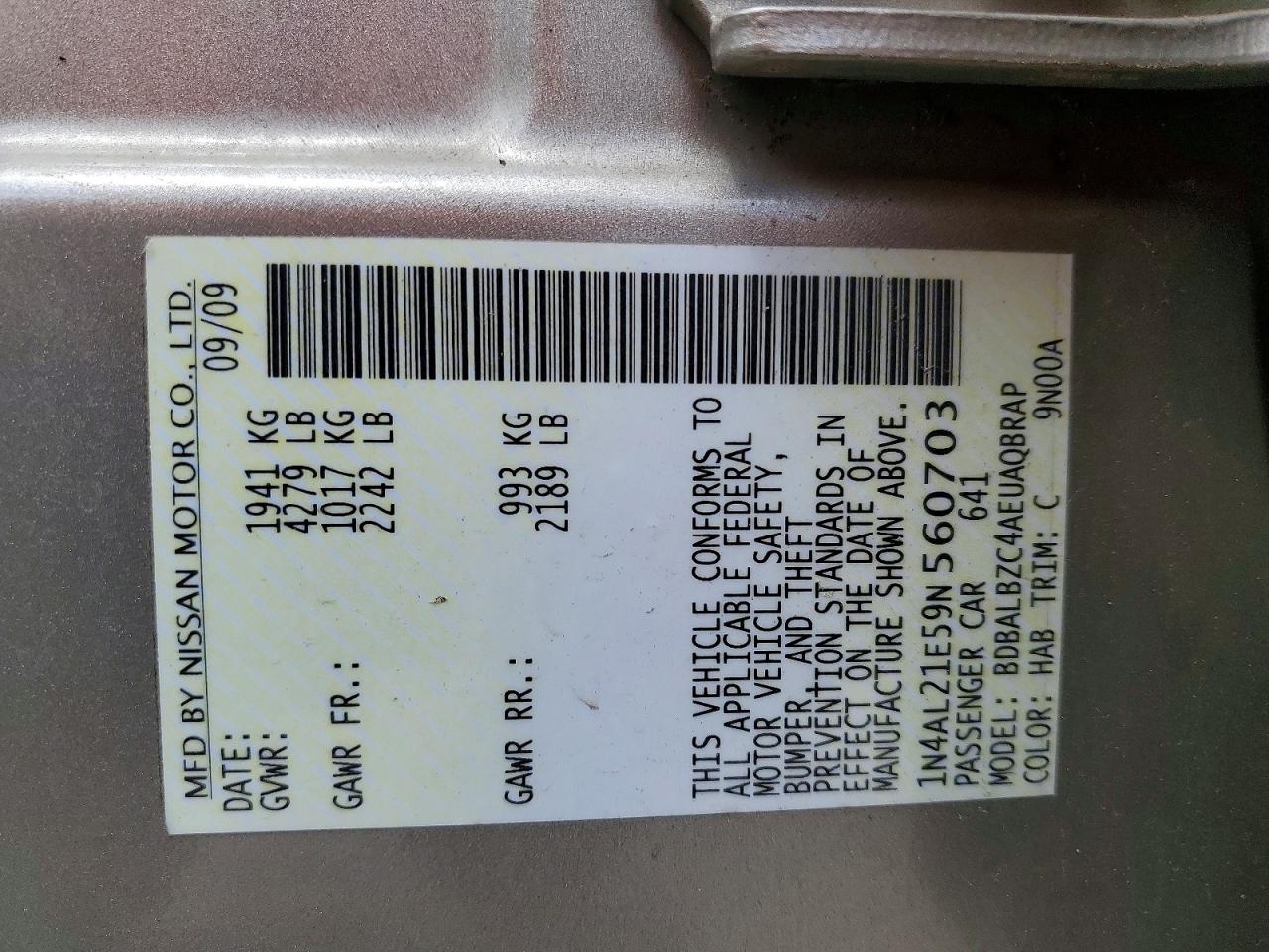2009 Nissan Altima 2.5 Gold vin: 1N4AL21E59N560703