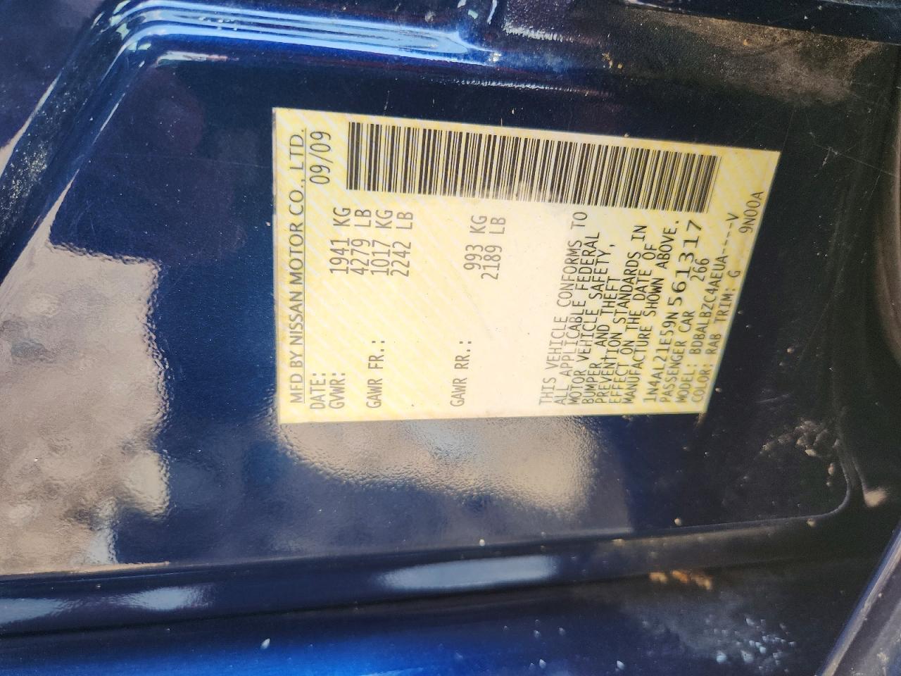 2009 Nissan Altima 2.5 Blue vin: 1N4AL21E59N561317