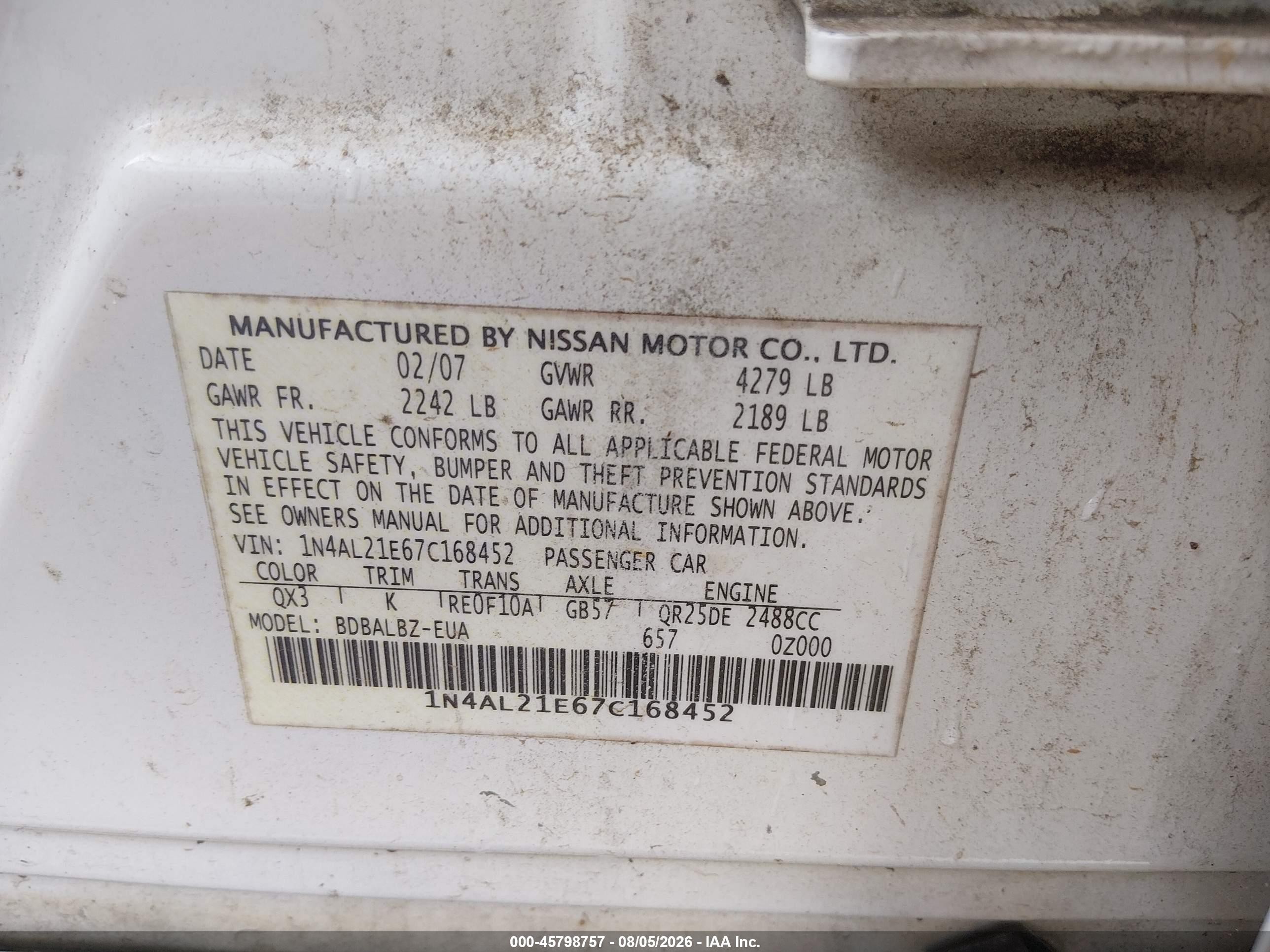 2007 Nissan Altima 2.5 S White vin: 1N4AL21E67C168452