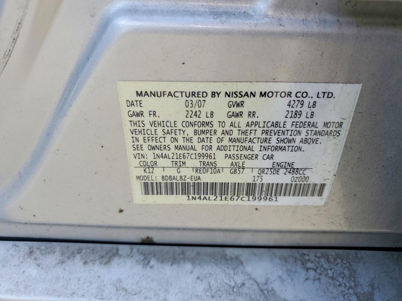 2007 Nissan Altima 2.5 Silver vin: 1N4AL21E67C199961