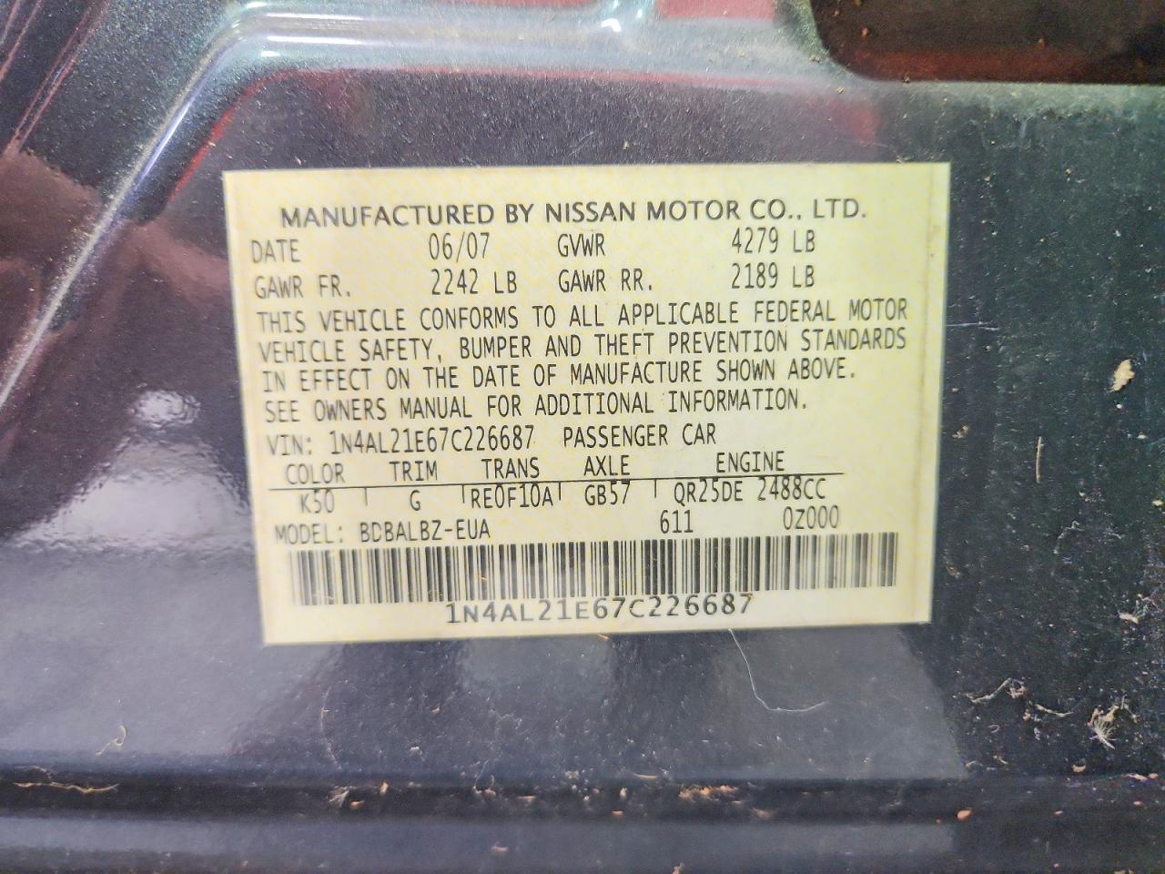 2007 Nissan Altima 2.5 Серый vin: 1N4AL21E67C226687