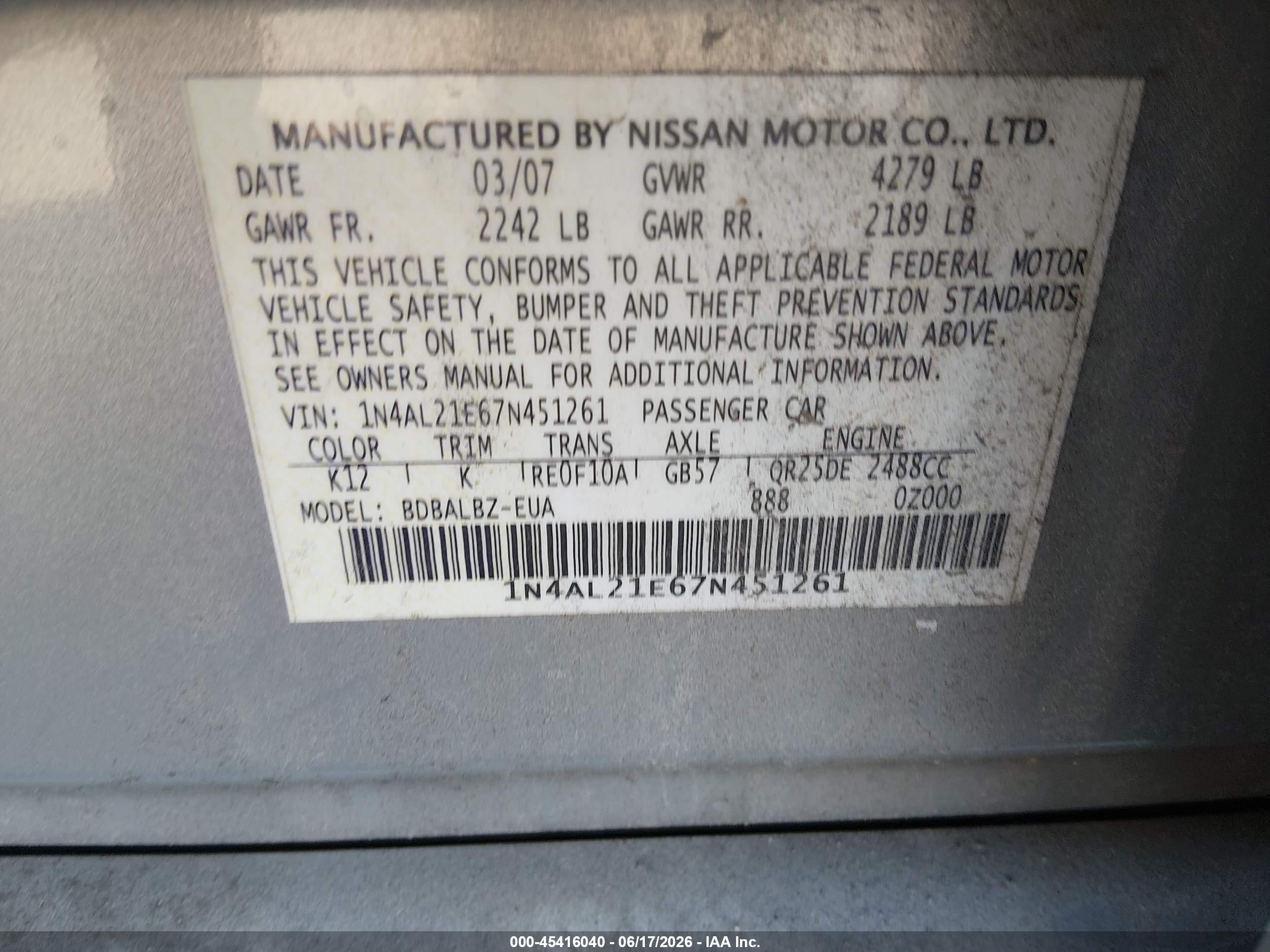 2007 Nissan Altima 2.5 S Silver vin: 1N4AL21E67N451261