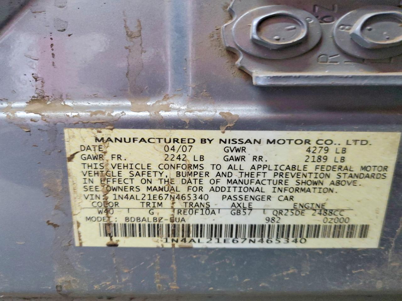2007 Nissan Altima 2.5/2.5s Silver vin: 1N4AL21E67N465340