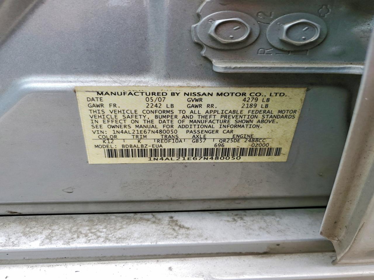 2007 Nissan Altima 2.5/2.5s Silver vin: 1N4AL21E67N480050