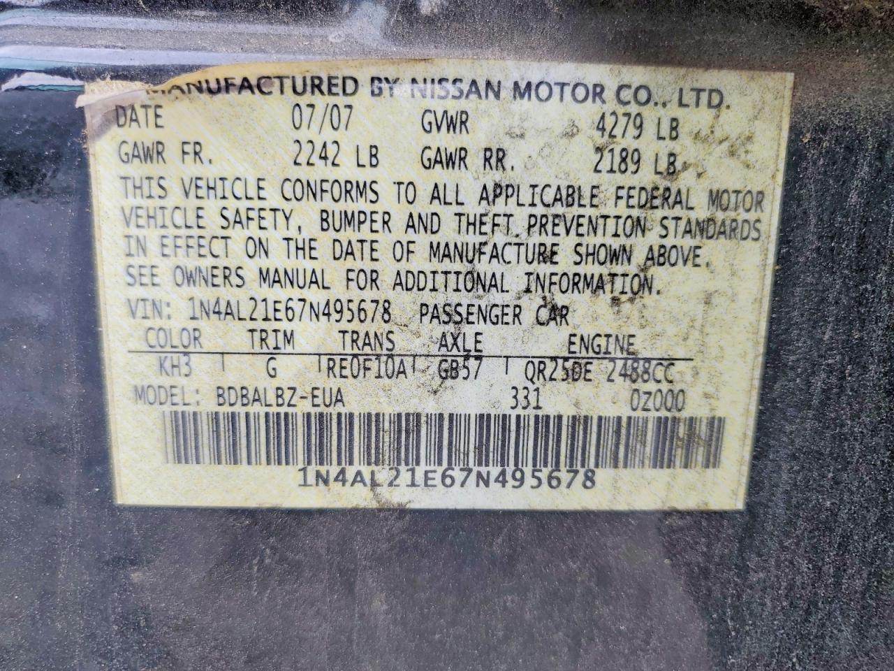 2007 Nissan Altima 2.5 Black vin: 1N4AL21E67N495678