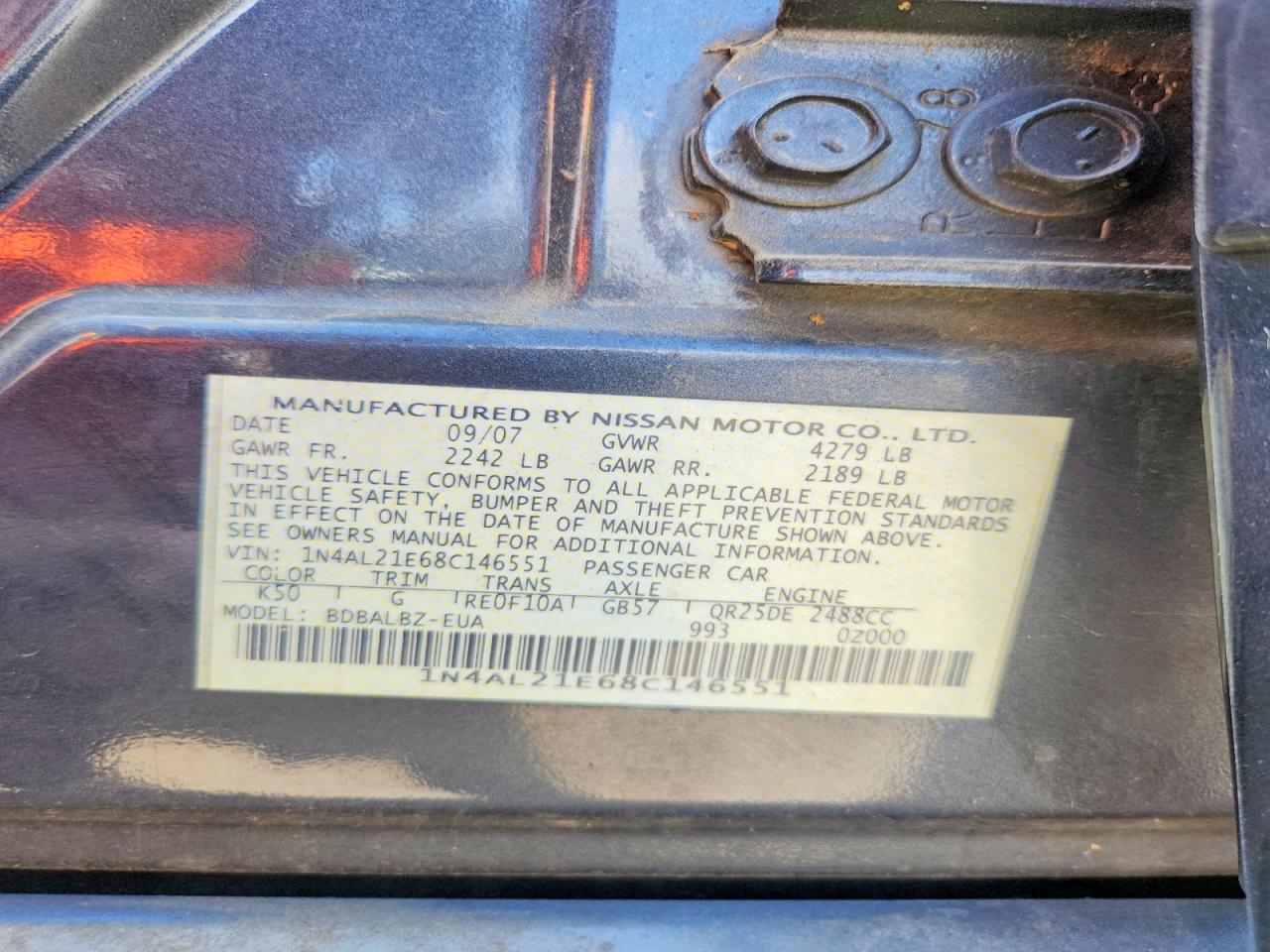 2008 Nissan Altima 2.5 Gray vin: 1N4AL21E68C146551