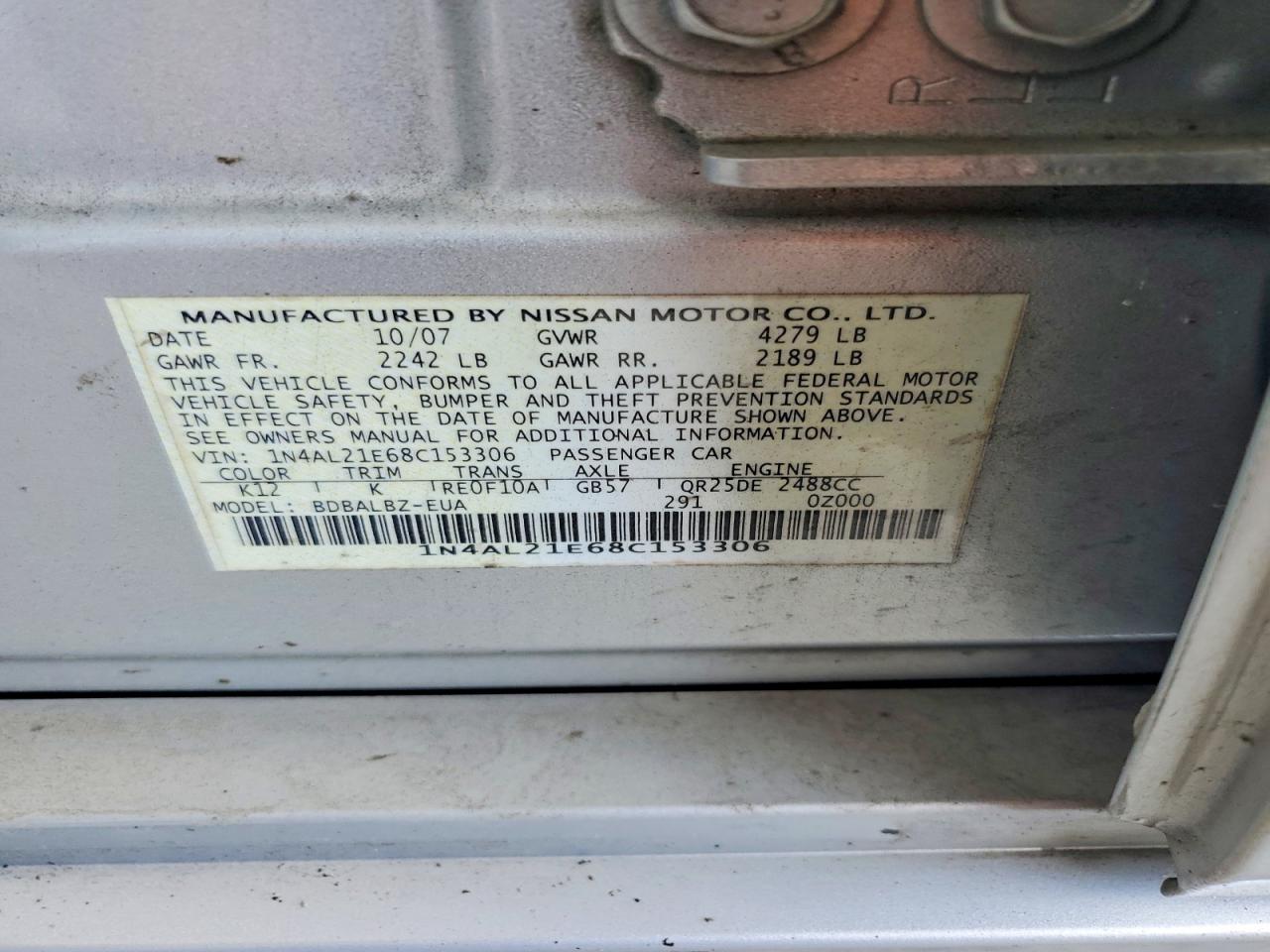 2008 Nissan Altima 2.5 Серебряный vin: 1N4AL21E68C153306