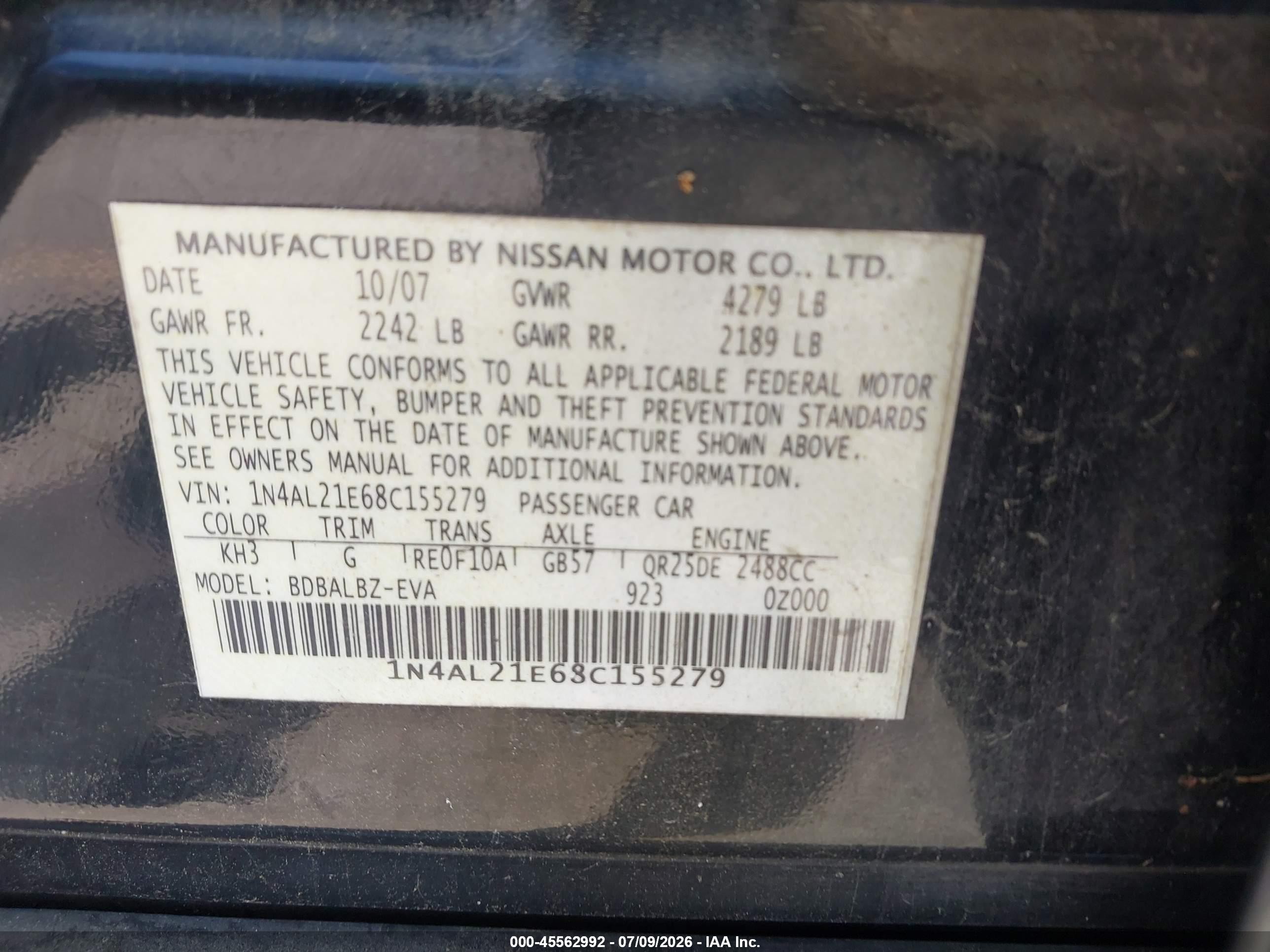 2008 Nissan Altima 2.5 Sl Black vin: 1N4AL21E68C155279