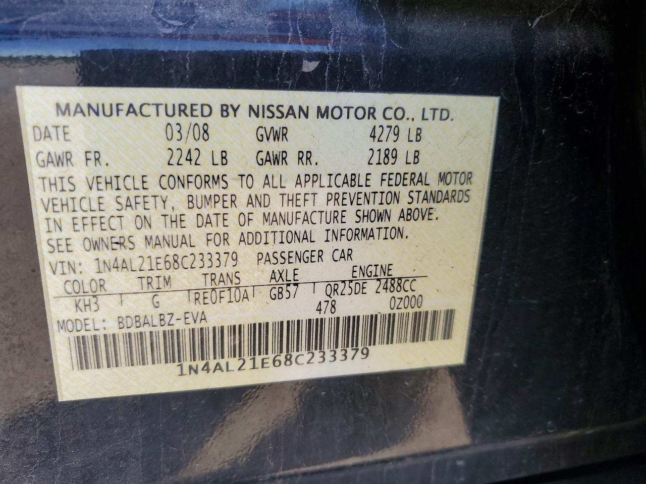 2008 Nissan Altima 2.5 Black vin: 1N4AL21E68C233379