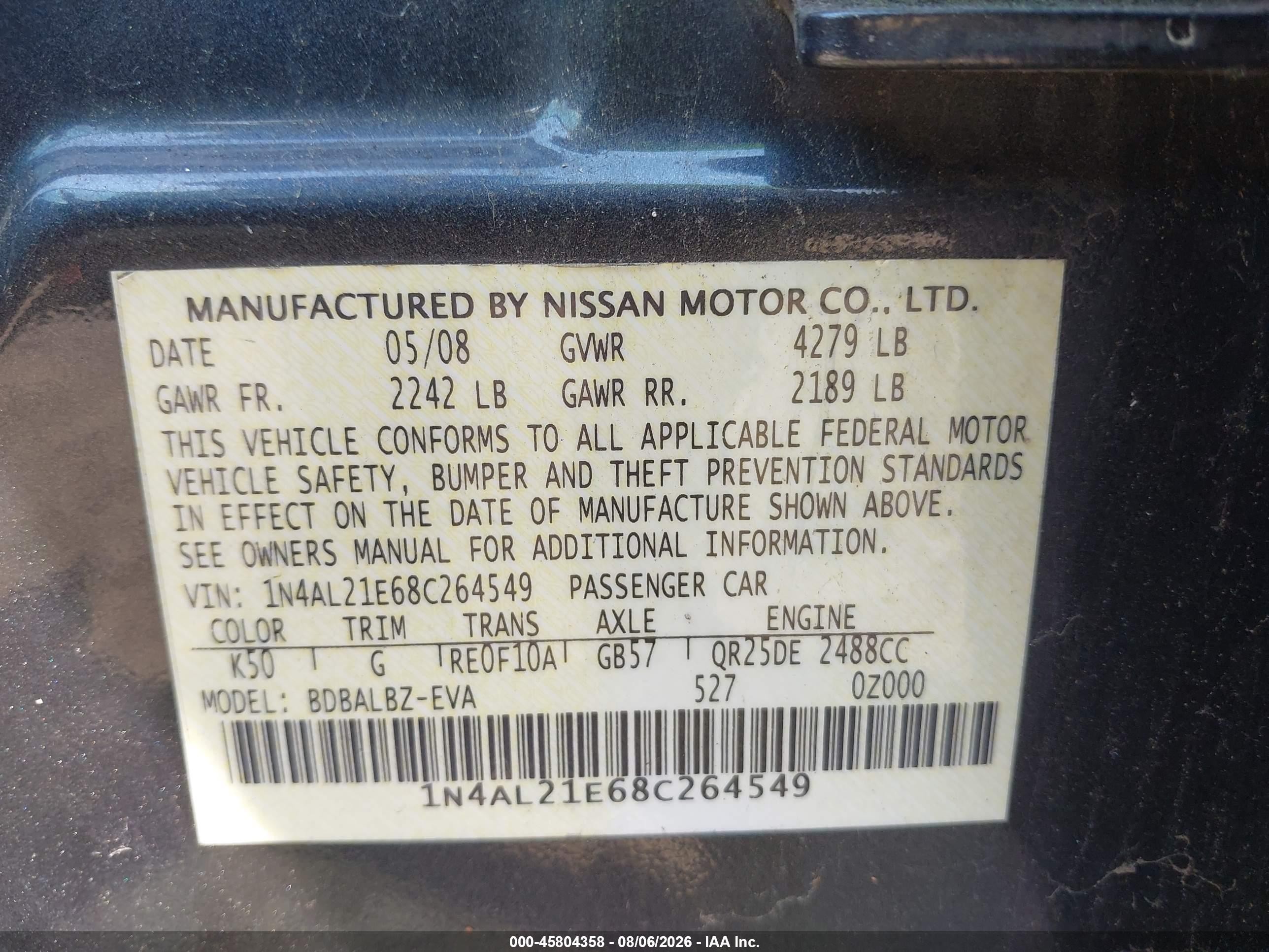 2008 Nissan Altima 2.5 S Gray vin: 1N4AL21E68C264549