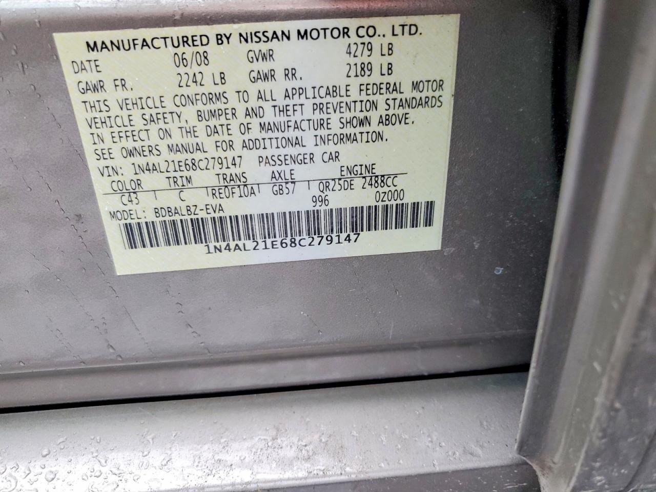 2008 Nissan Altima 2.5 Beige vin: 1N4AL21E68C279147