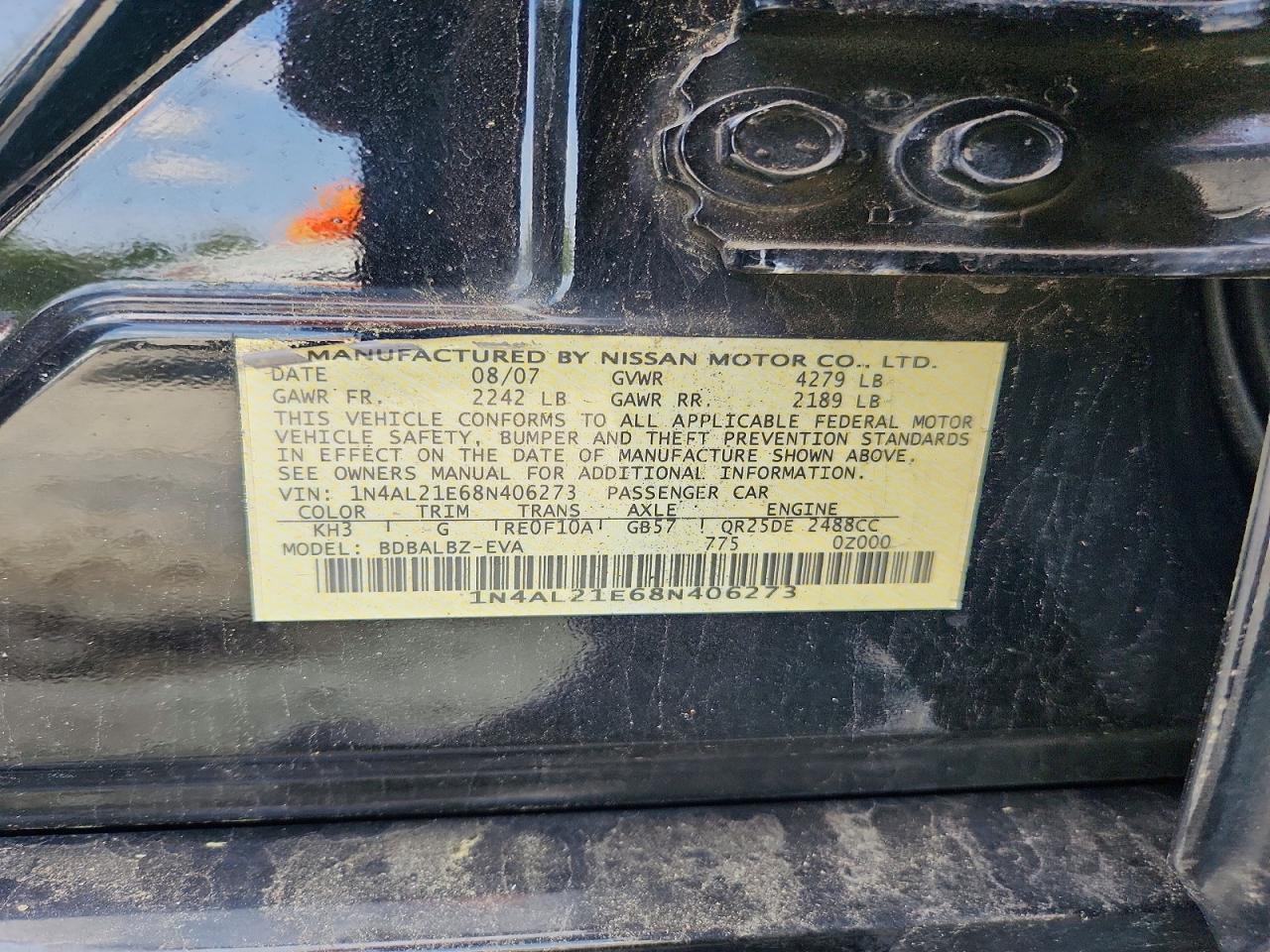 2008 Nissan Altima 2.5 Black vin: 1N4AL21E68N406273