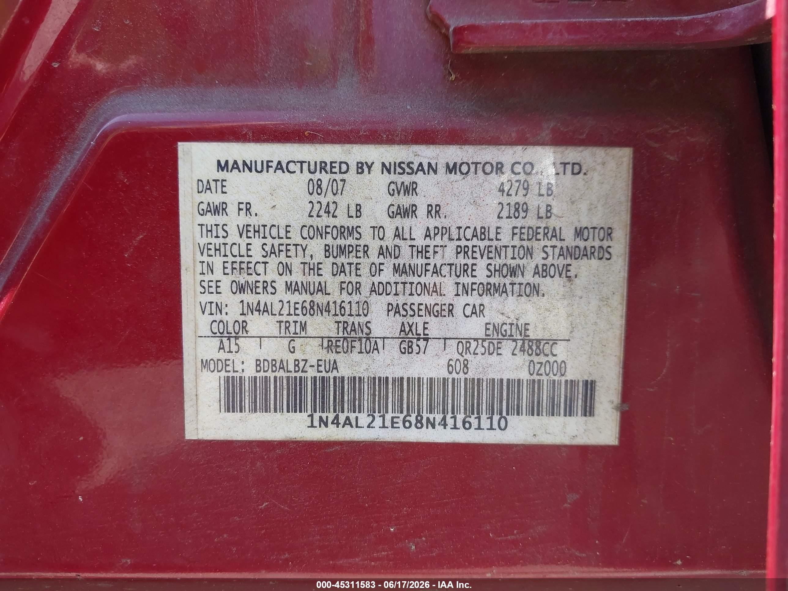2008 Nissan Altima 2.5 S Red vin: 1N4AL21E68N416110