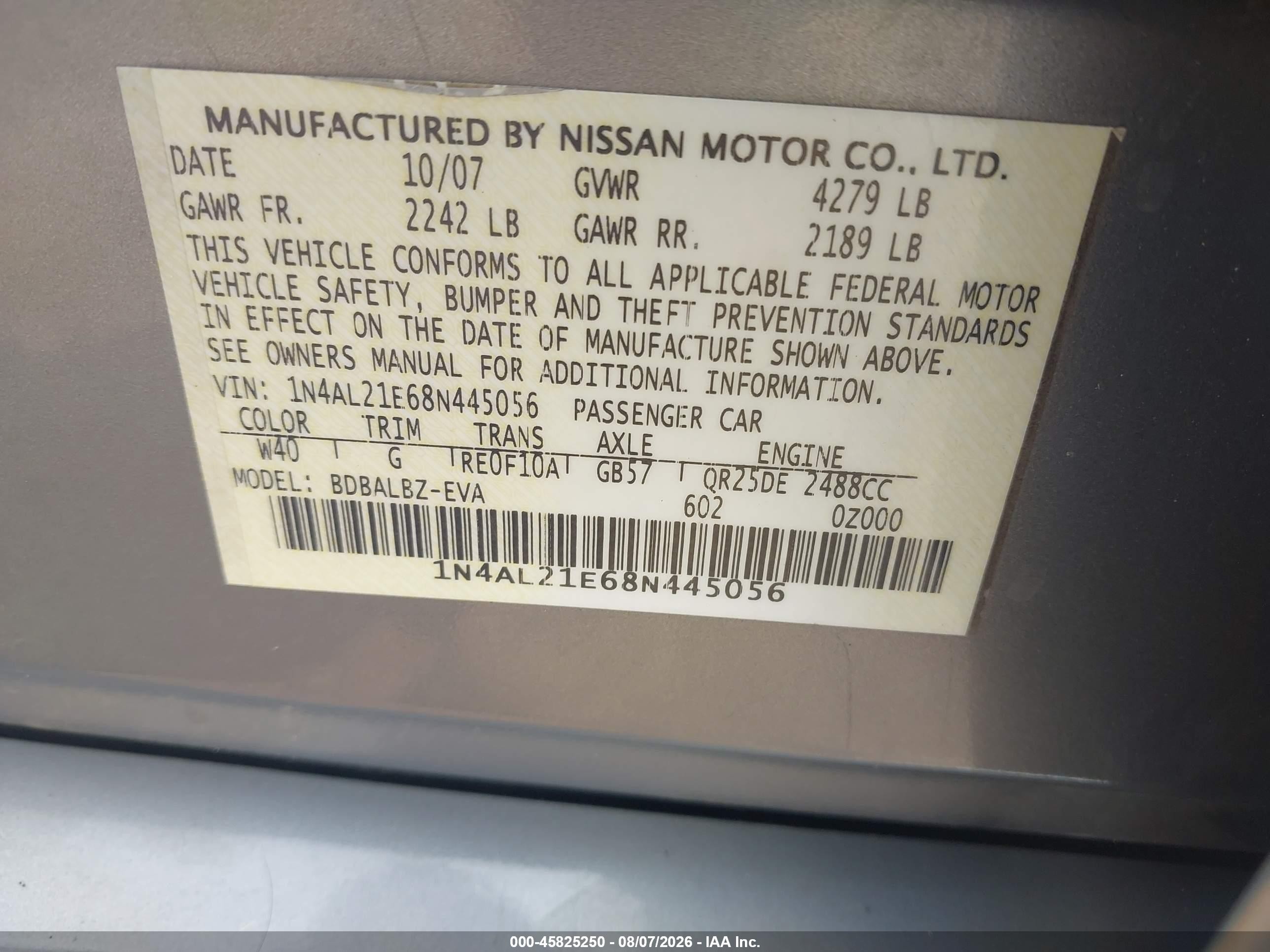 2008 Nissan Altima 2.5 Sl Silver vin: 1N4AL21E68N445056