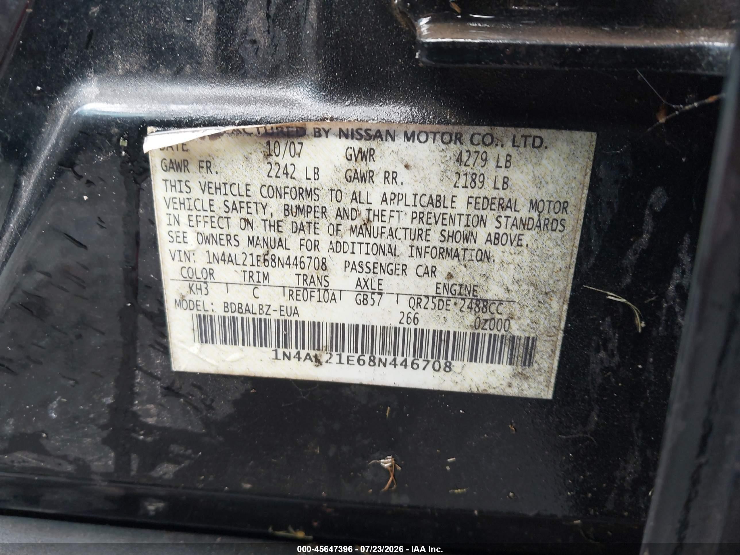 2008 Nissan Altima 2.5 S Black vin: 1N4AL21E68N446708