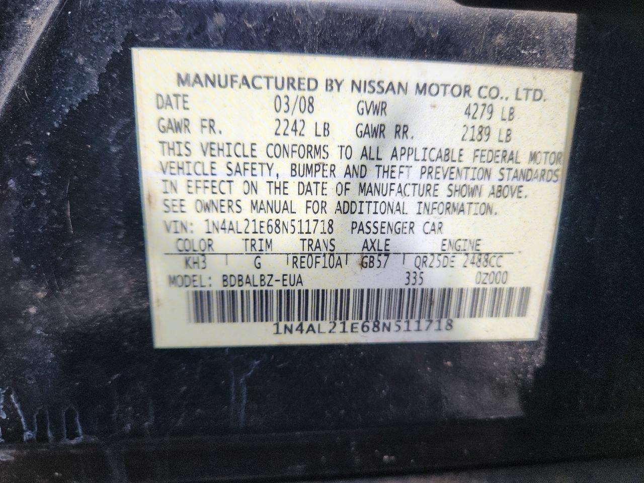 2008 Nissan Altima 2.5 Black vin: 1N4AL21E68N511718