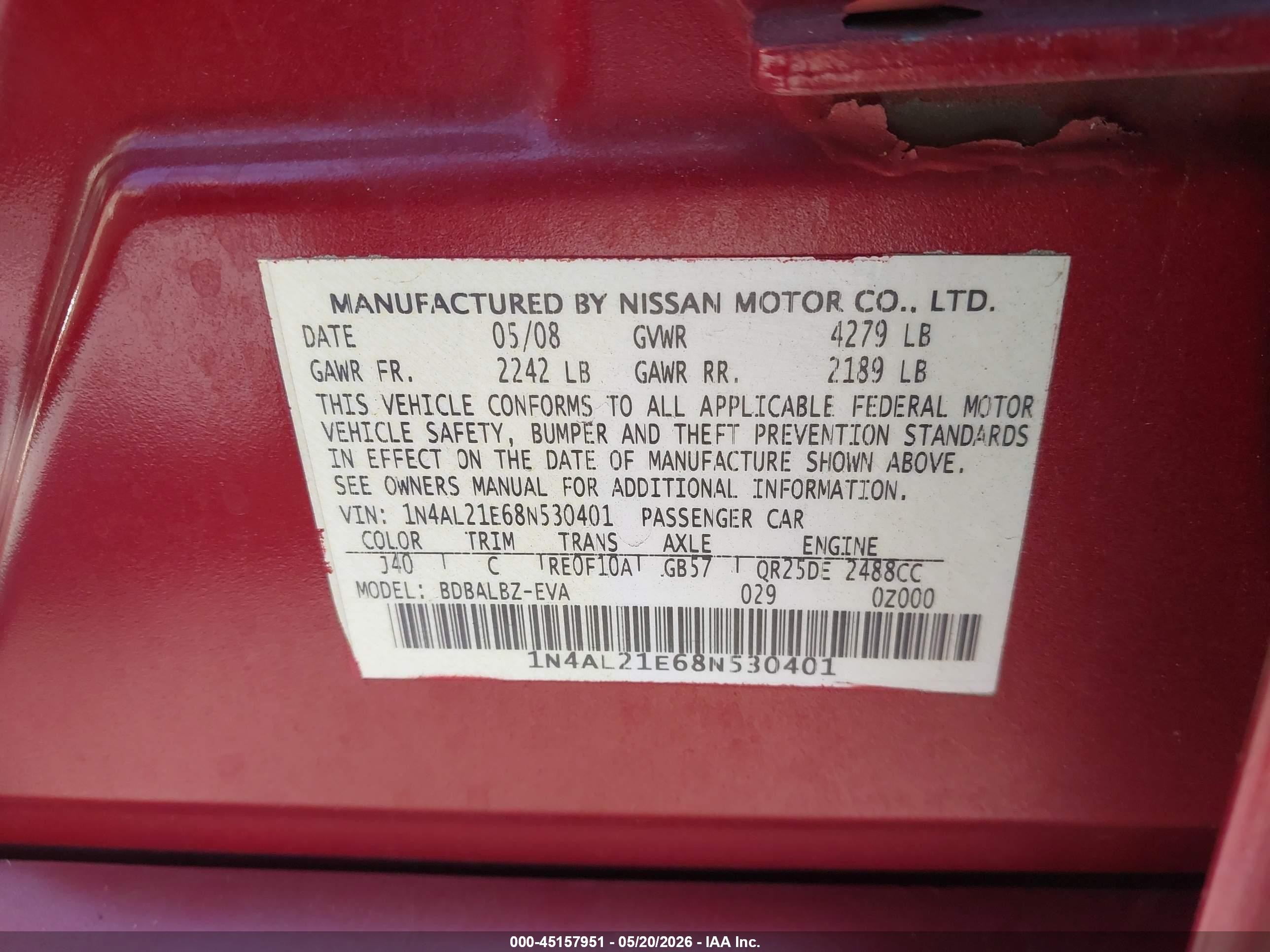 2008 Nissan Altima 2.5 S Красный vin: 1N4AL21E68N530401