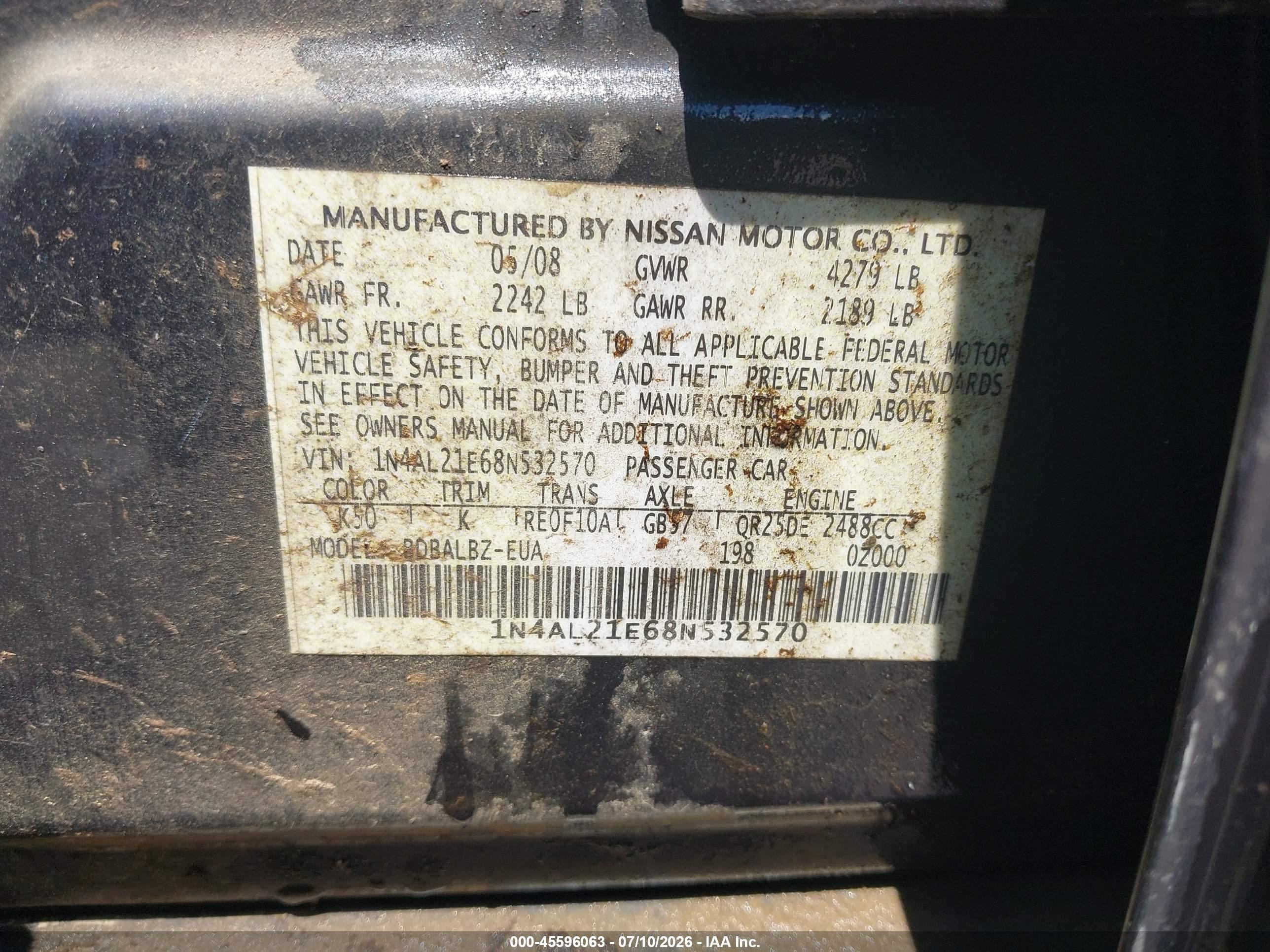 2008 Nissan Altima 2.5 S Blue vin: 1N4AL21E68N532570