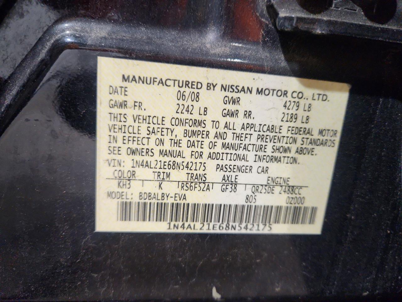 2008 Nissan Altima 2.5 Black vin: 1N4AL21E68N542175