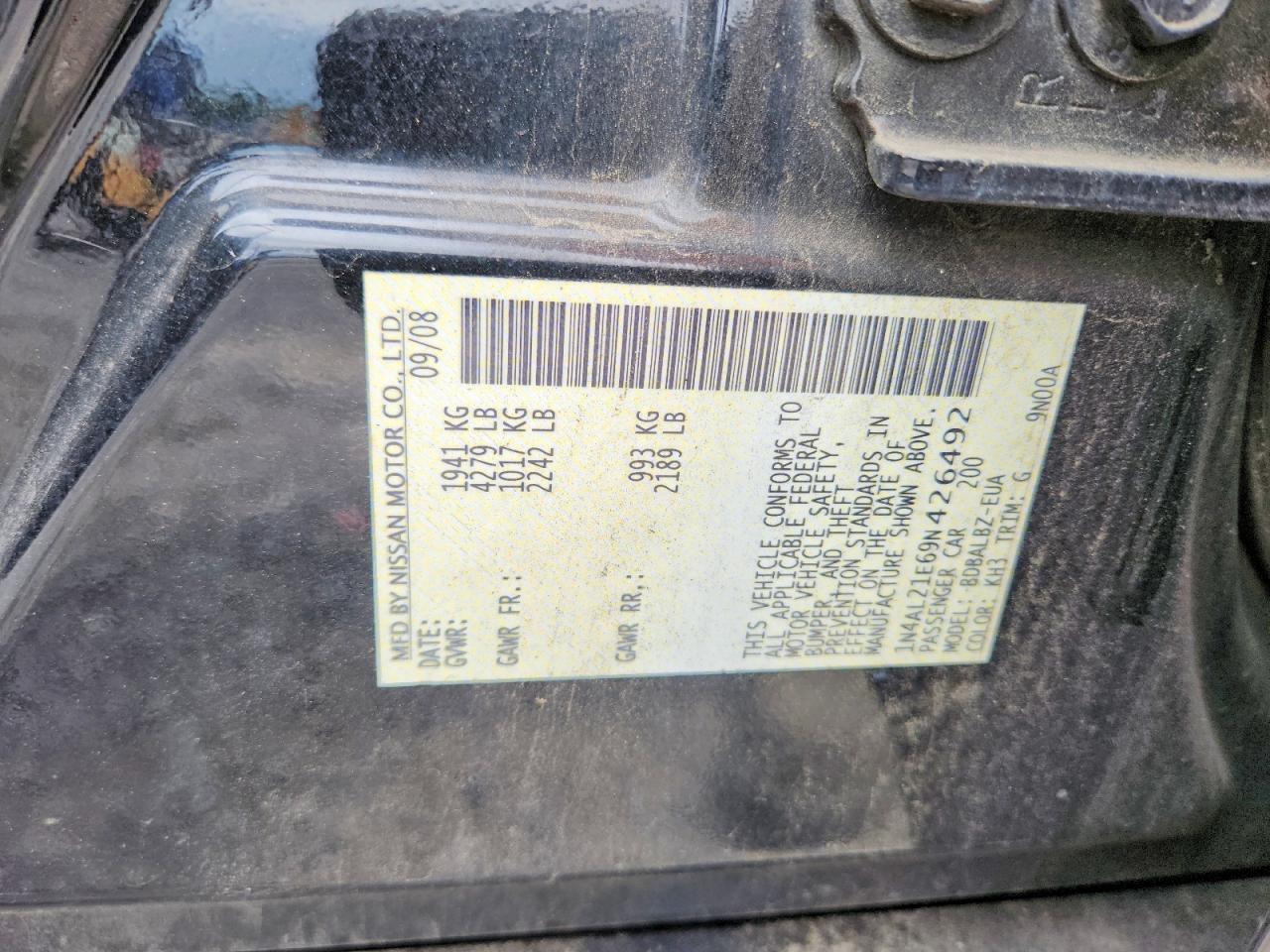2009 Nissan Altima 2.5 Black vin: 1N4AL21E69N426492