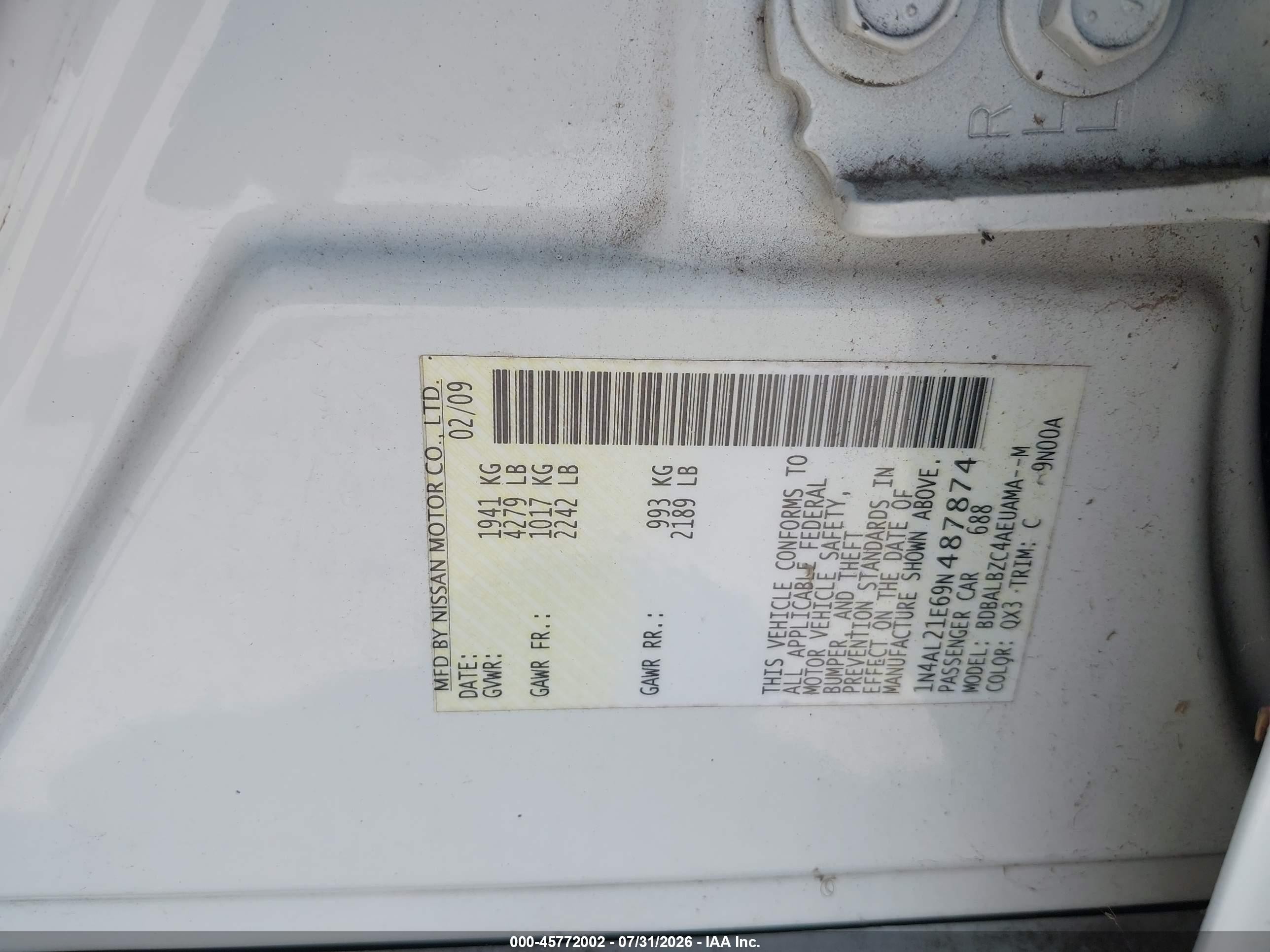 2009 Nissan Altima 2.5 S White vin: 1N4AL21E69N487874