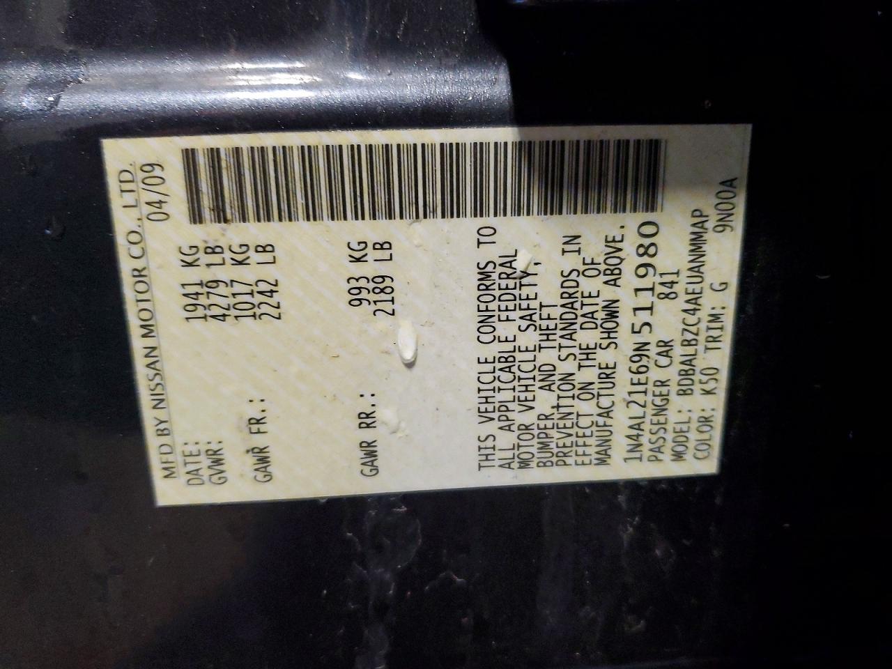 2009 Nissan Altima 2.5 Угольный vin: 1N4AL21E69N511980