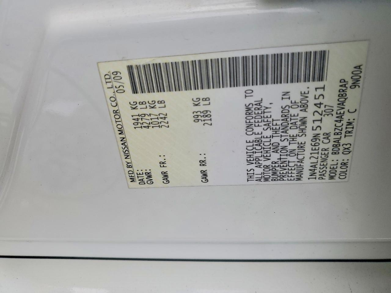 2009 Nissan Altima 2.5 White vin: 1N4AL21E69N512451