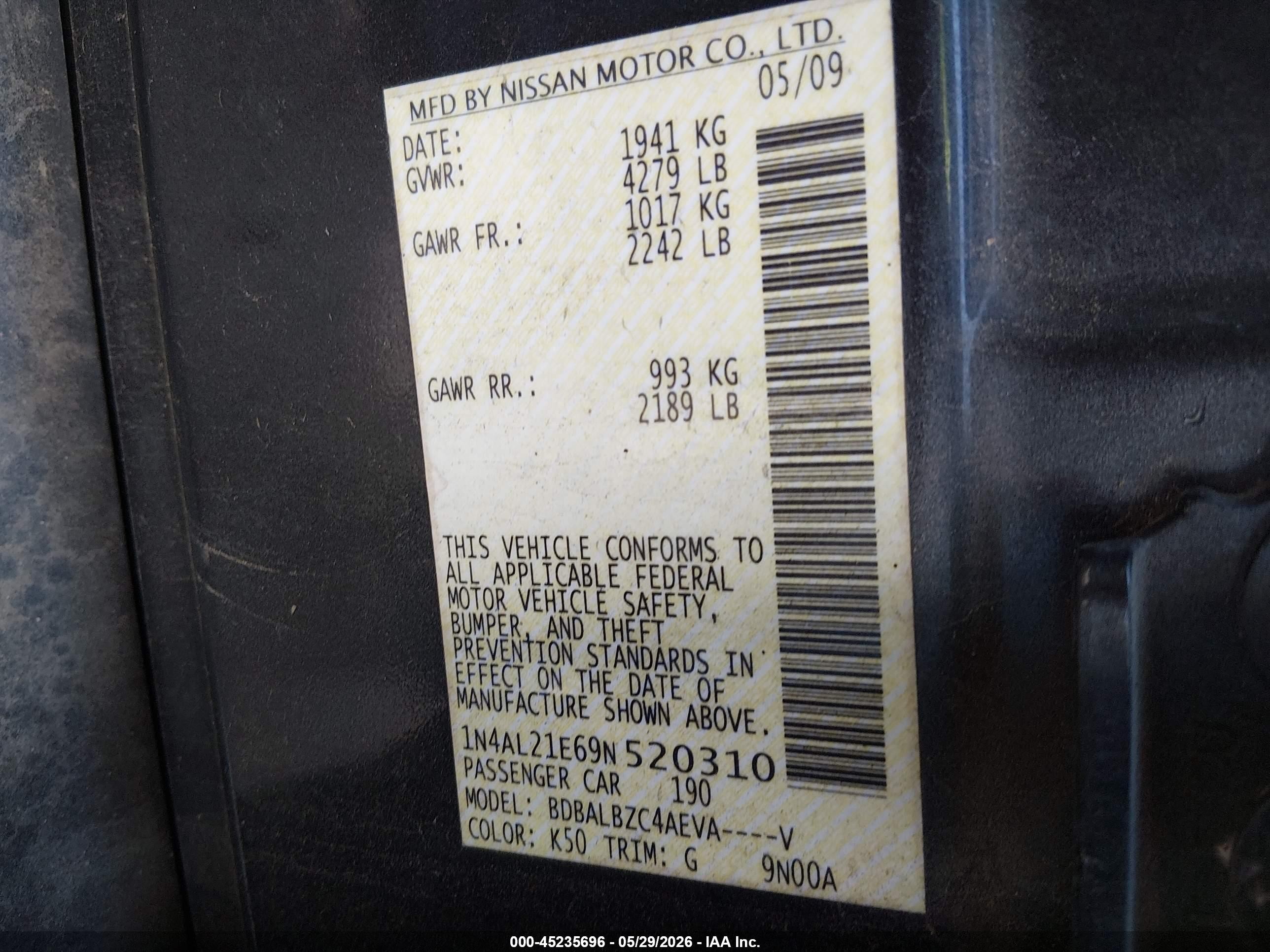2009 Nissan Altima 2.5 S Black vin: 1N4AL21E69N520310