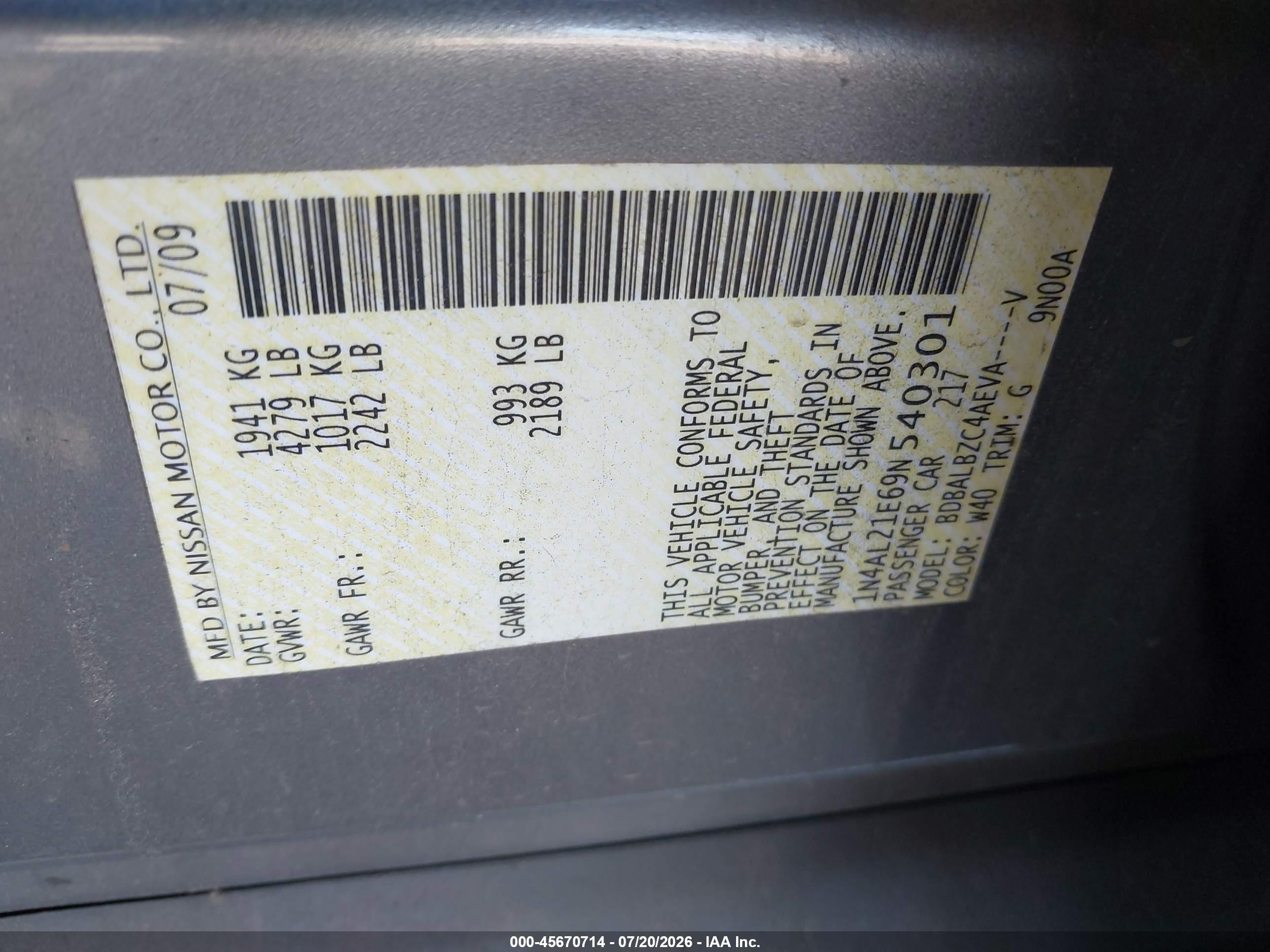 2009 Nissan Altima 2.5 S Blue vin: 1N4AL21E69N540301