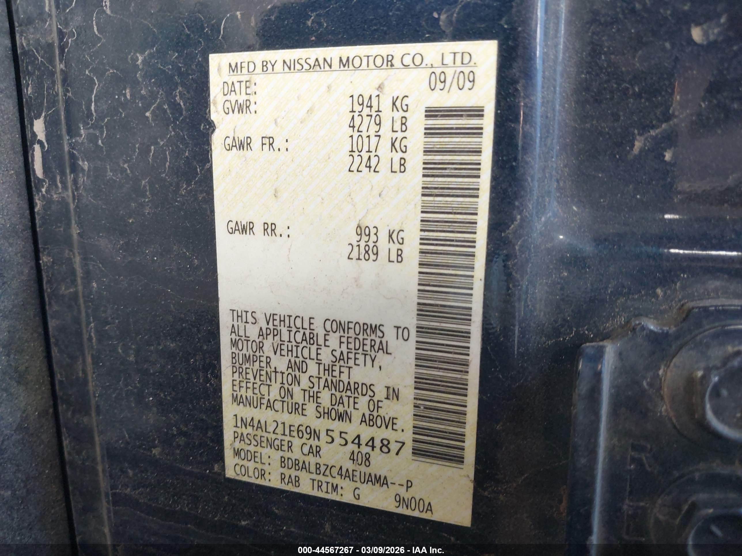 2009 Nissan Altima 2.5 S Dark Blue vin: 1N4AL21E69N554487