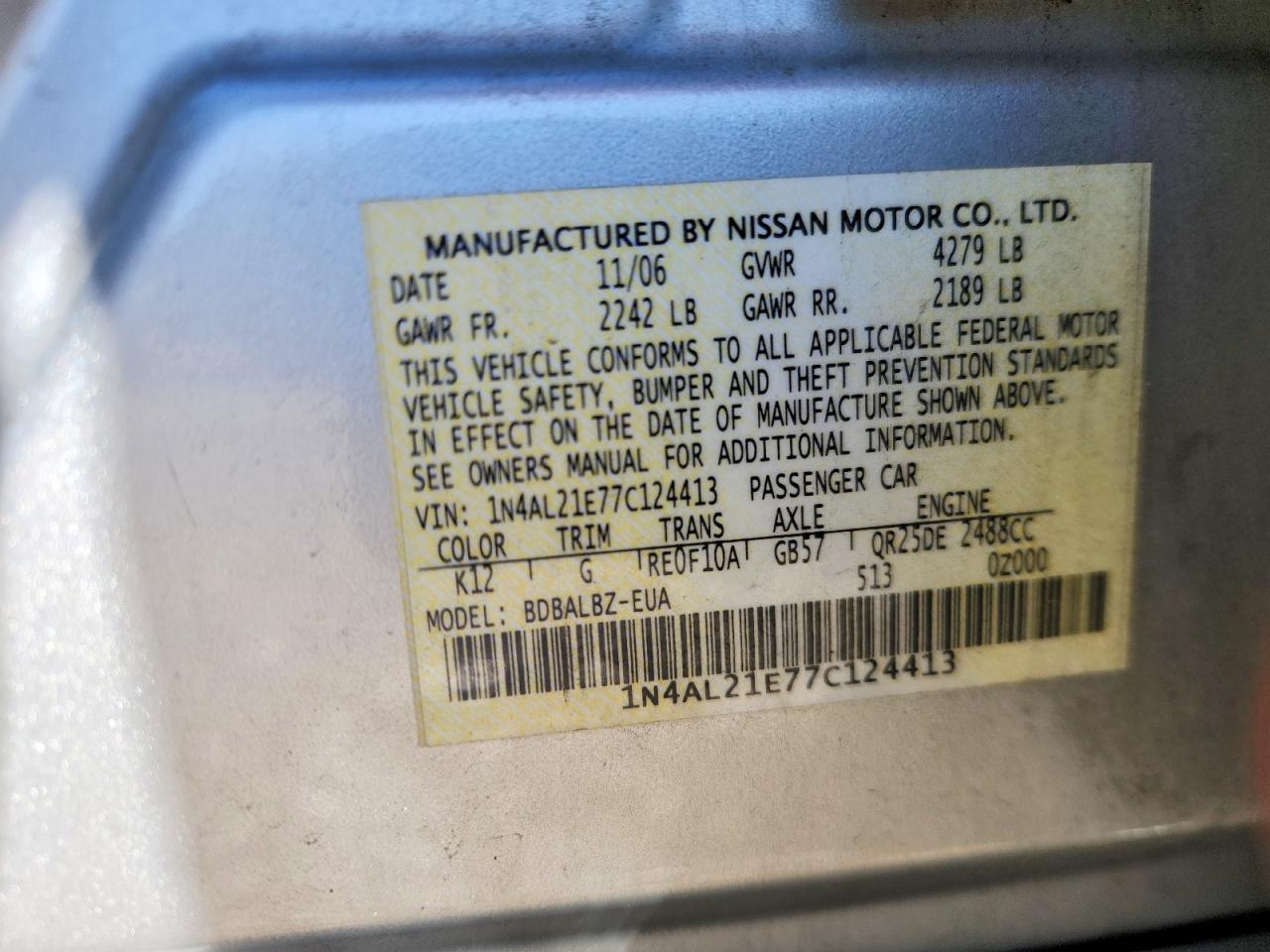 2007 Nissan Altima 2.5/2.5s Silver vin: 1N4AL21E77C124413