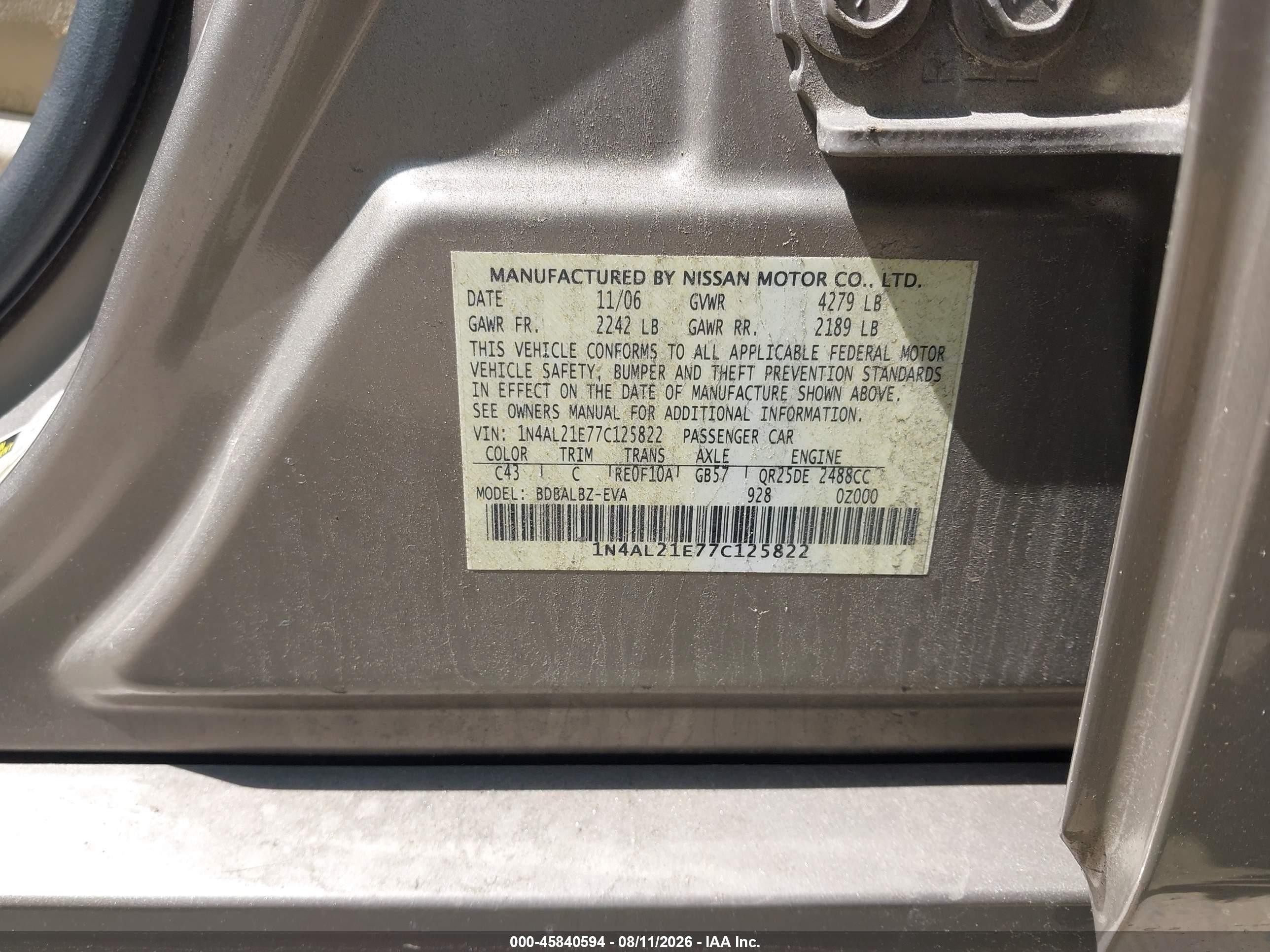2007 Nissan Altima 2.5 S Gold vin: 1N4AL21E77C125822