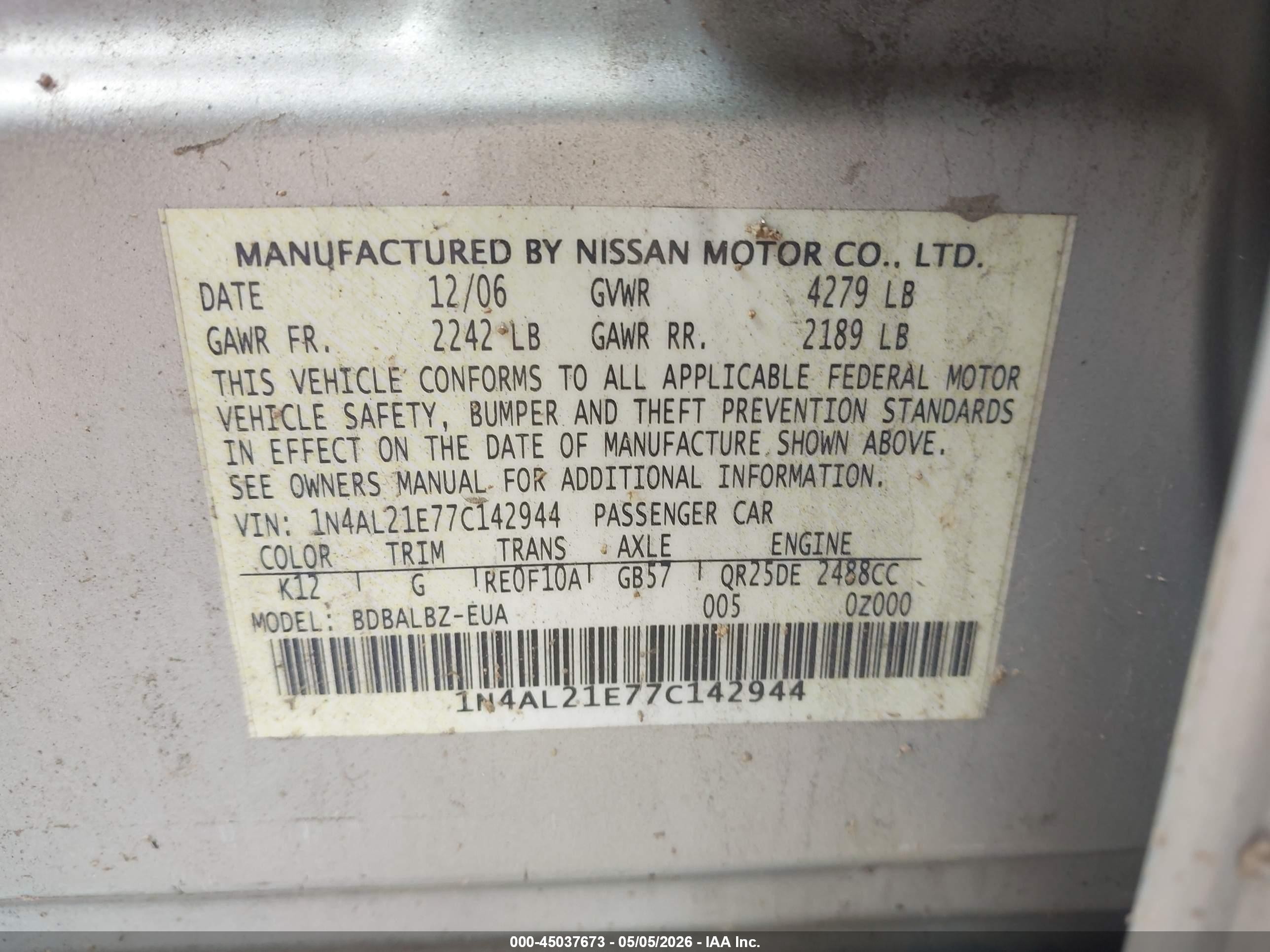 2007 Nissan Altima 2.5 S Серебряный vin: 1N4AL21E77C142944