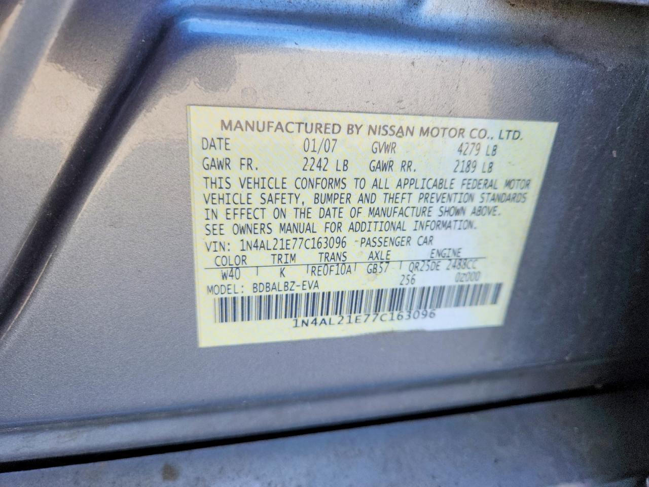 2007 Nissan Altima 2.5 Gray vin: 1N4AL21E77C163096