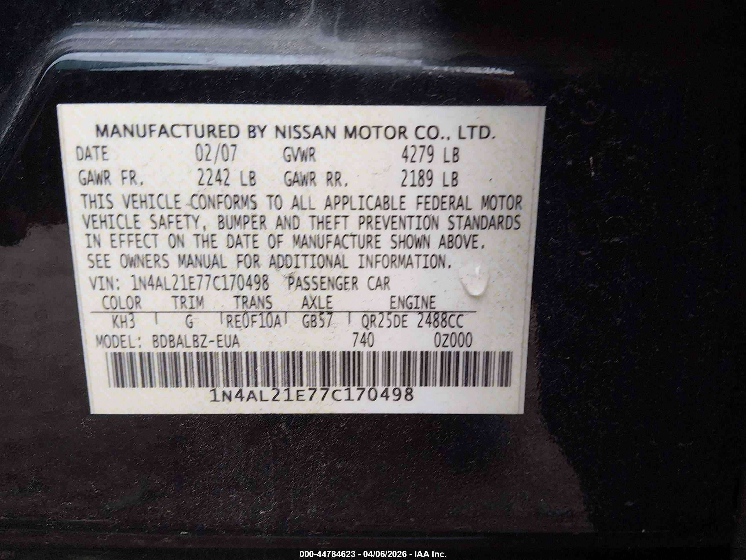 2007 Nissan Altima 2.5 S Black vin: 1N4AL21E77C170498