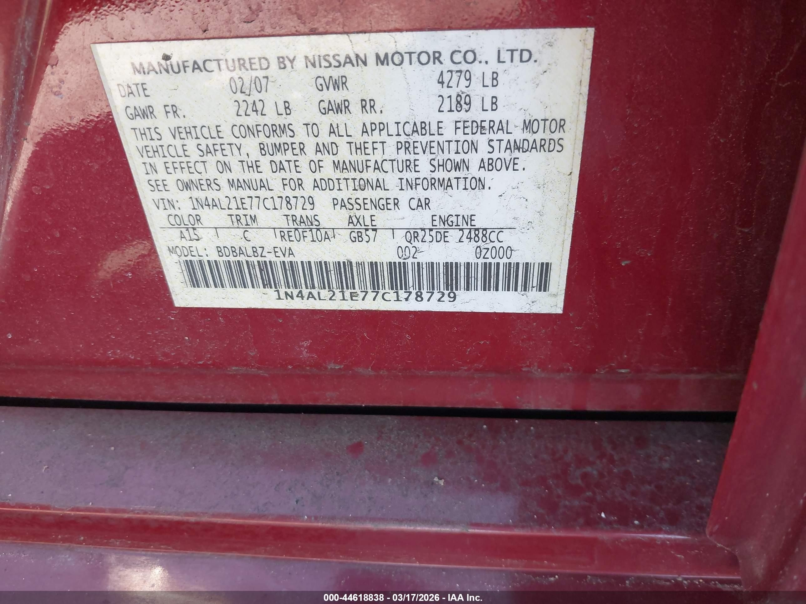 2007 Nissan Altima 2.5 S Red vin: 1N4AL21E77C178729