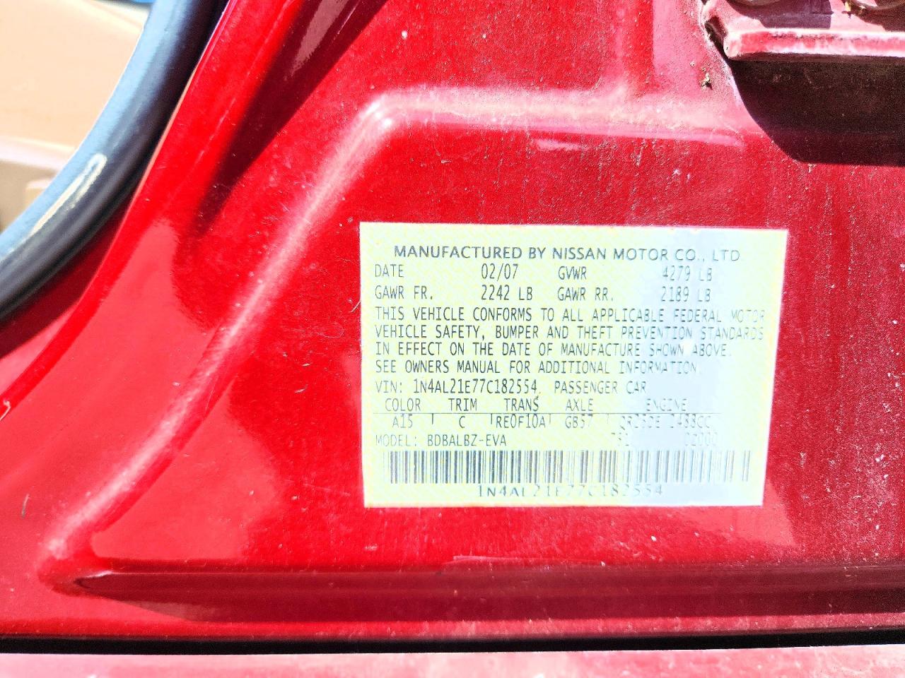 2007 Nissan Altima 2.5 Red vin: 1N4AL21E77C182554