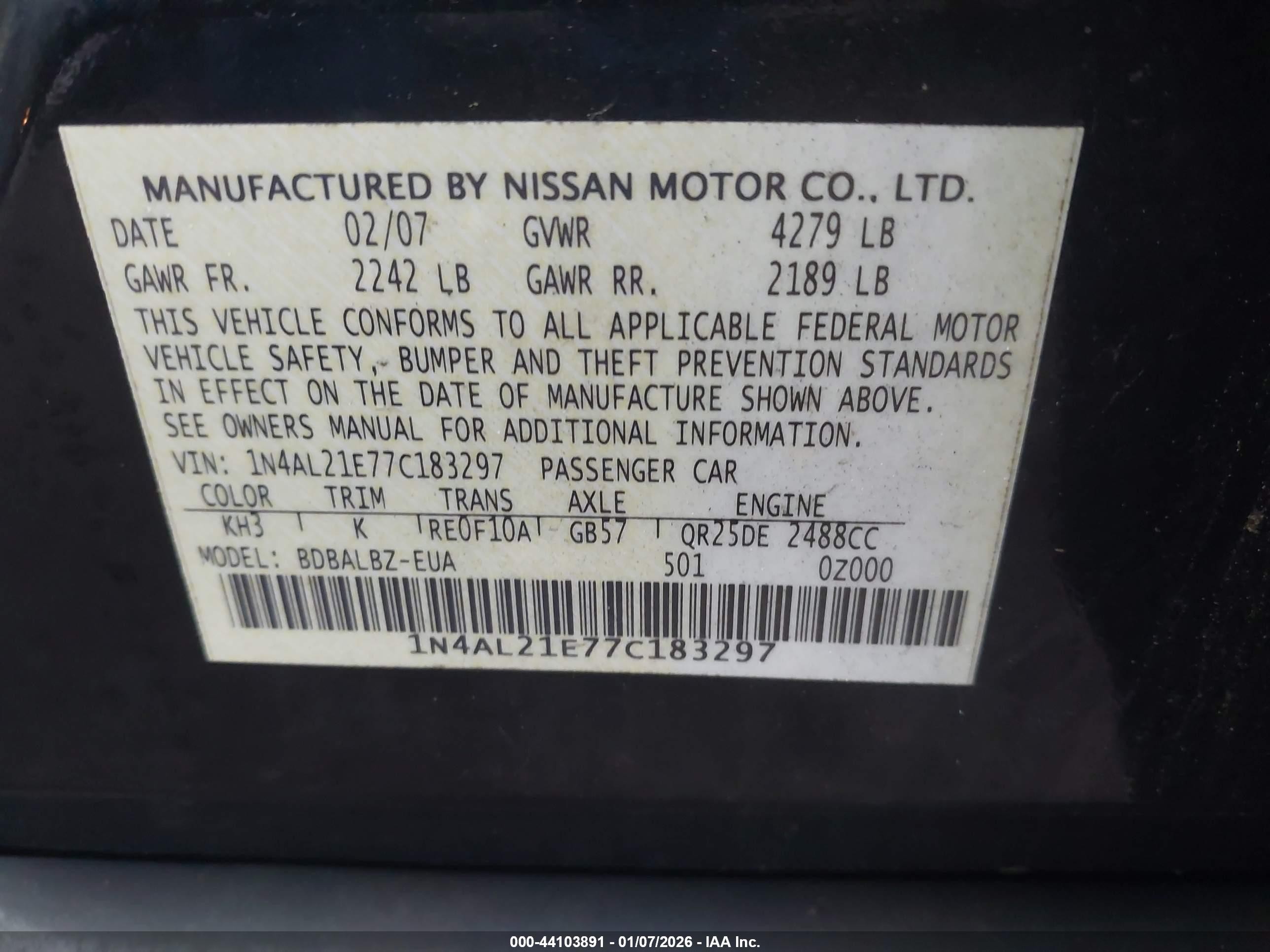 2007 Nissan Altima 2.5 S Black vin: 1N4AL21E77C183297