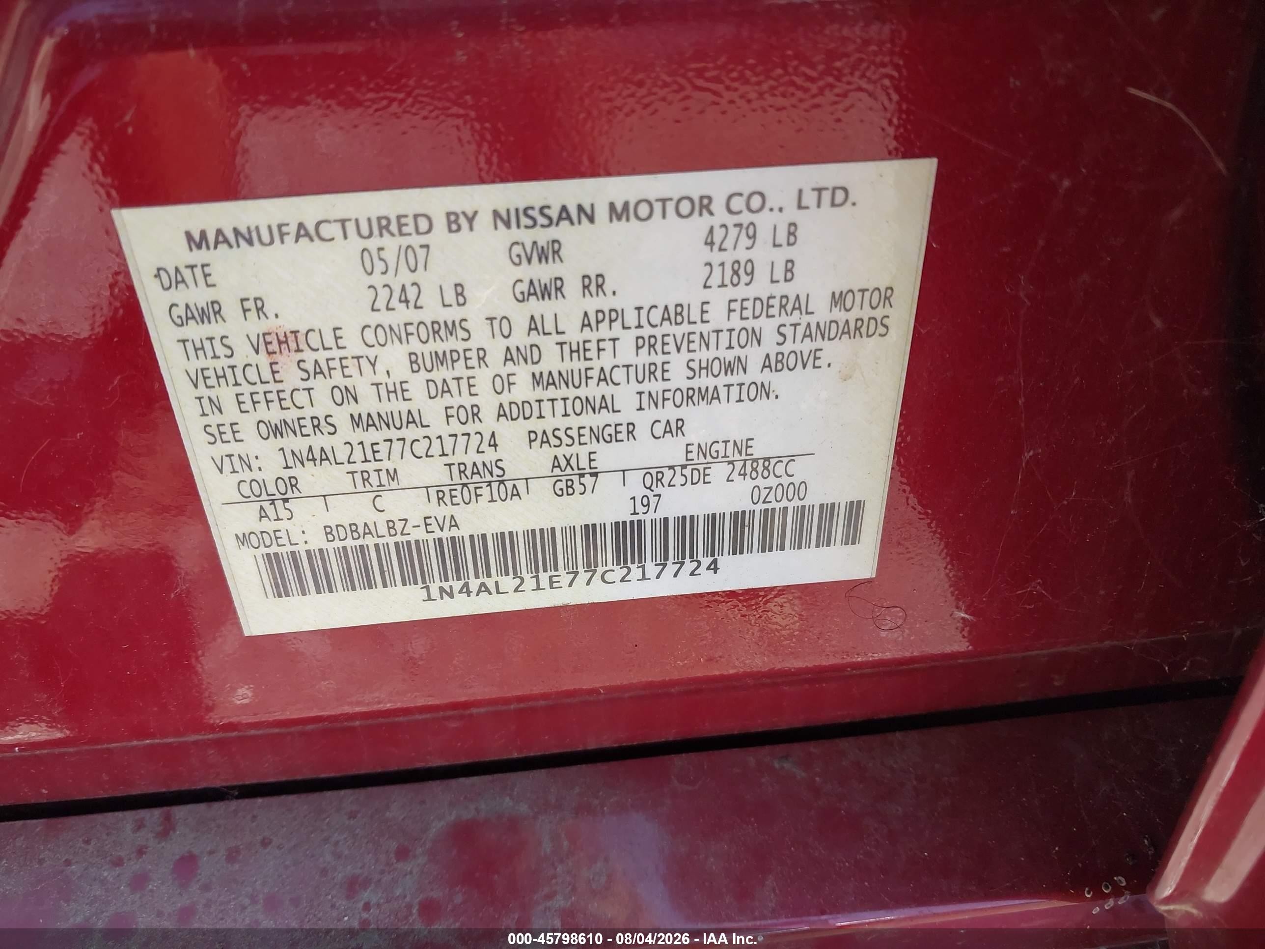 2007 Nissan Altima 2.5 S Red vin: 1N4AL21E77C217724