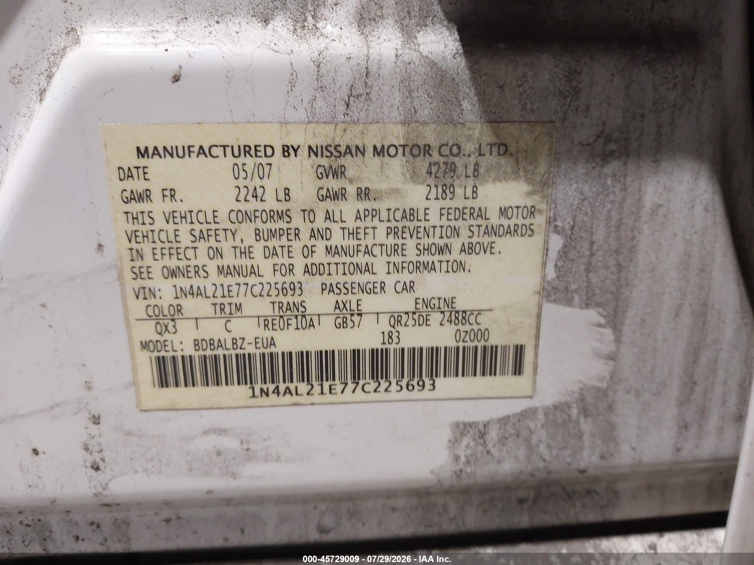 2007 Nissan Altima 2.5 S White vin: 1N4AL21E77C225693