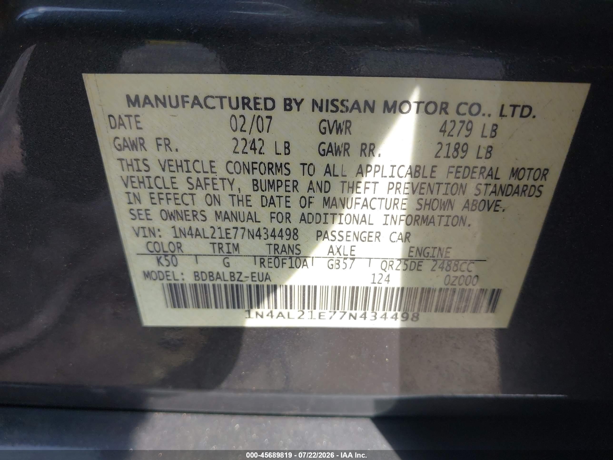 2007 Nissan Altima 2.5 S Серый vin: 1N4AL21E77N434498