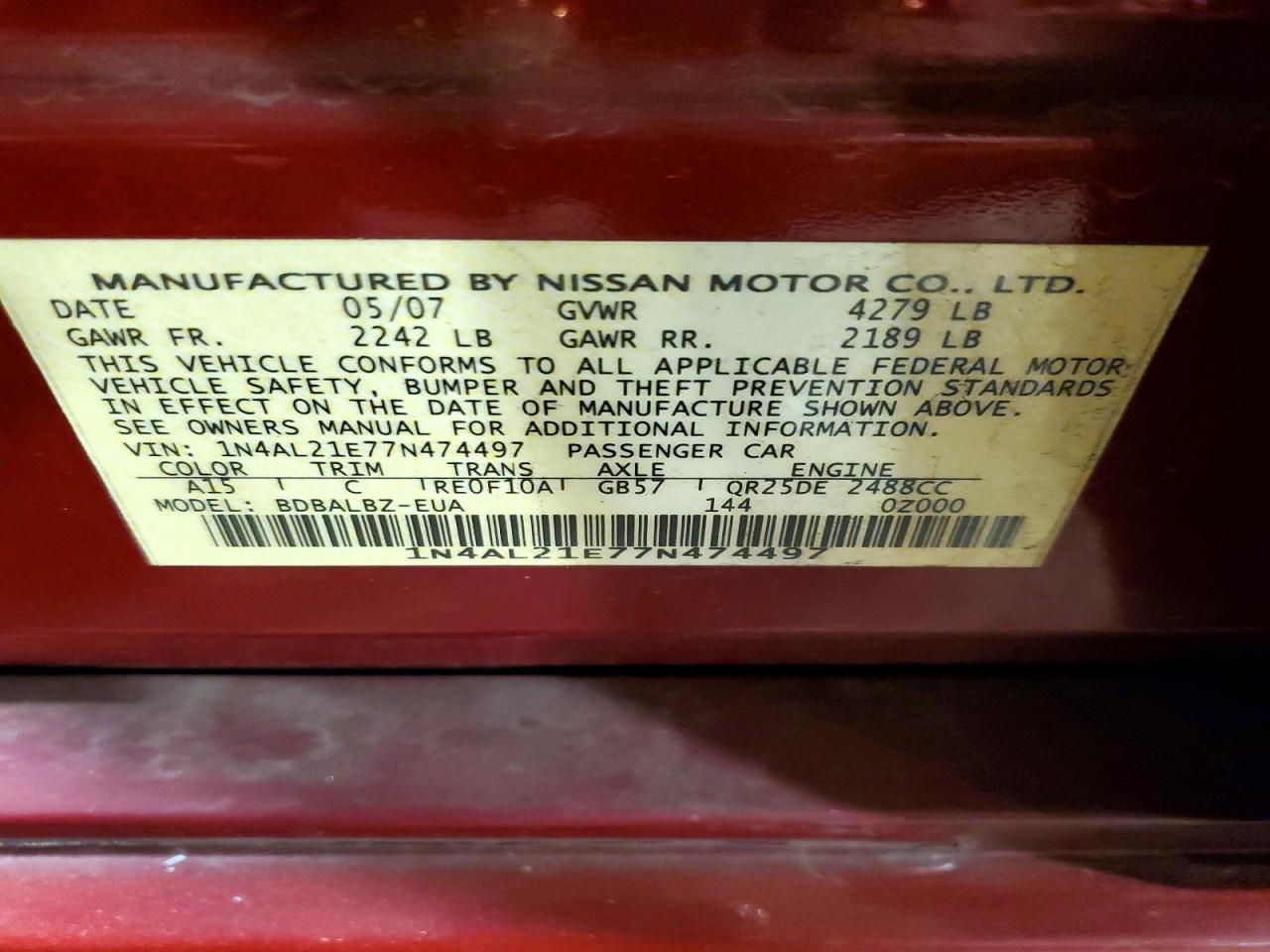 2007 Nissan Altima 2.5 Red vin: 1N4AL21E77N474497