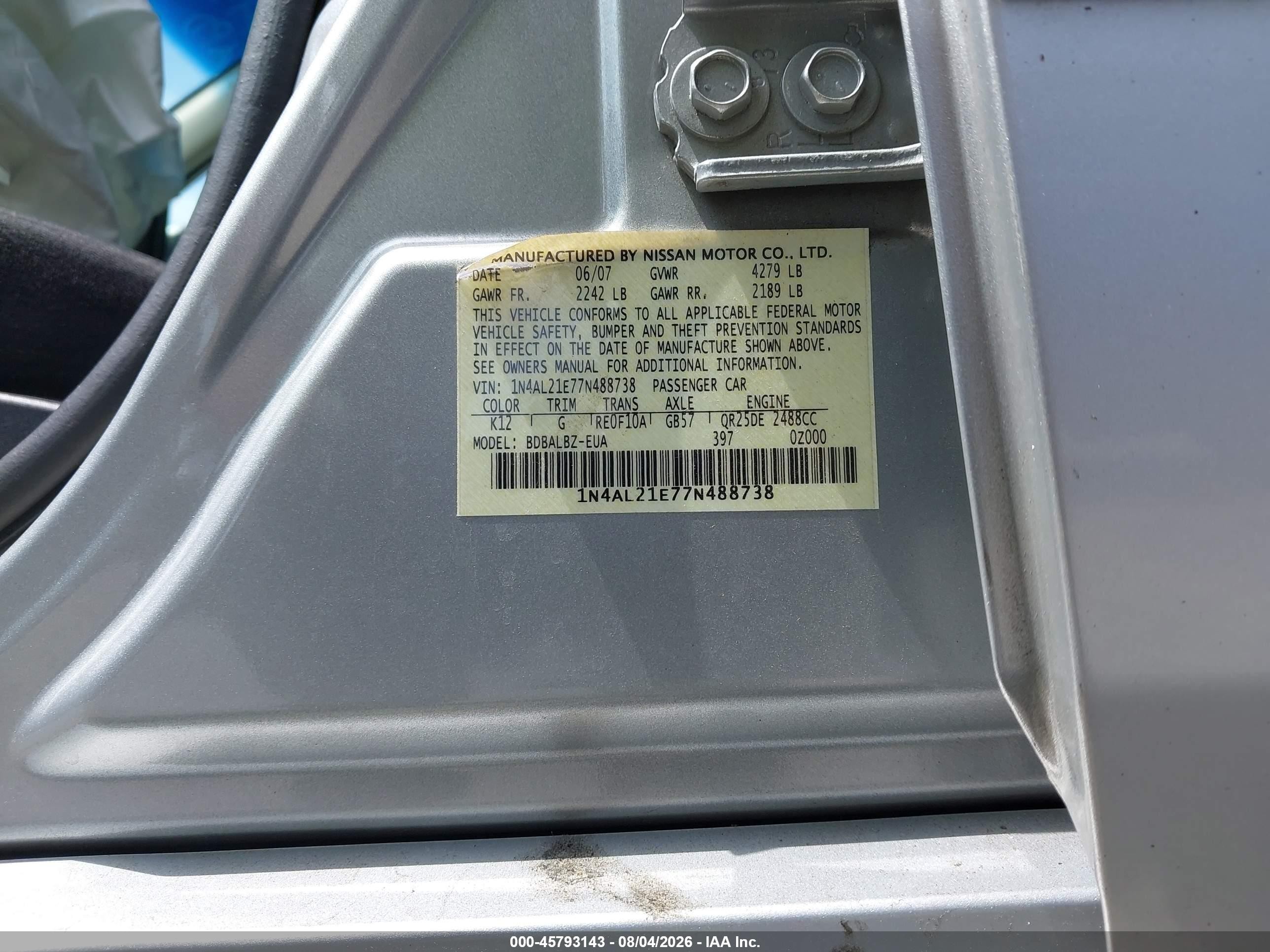 2007 Nissan Altima 2.5 S Silver vin: 1N4AL21E77N488738