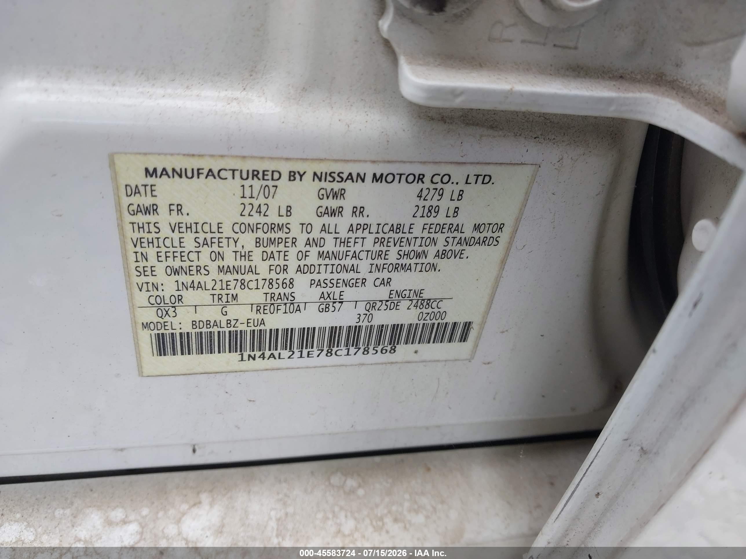2008 Nissan Altima 2.5 S White vin: 1N4AL21E78C178568