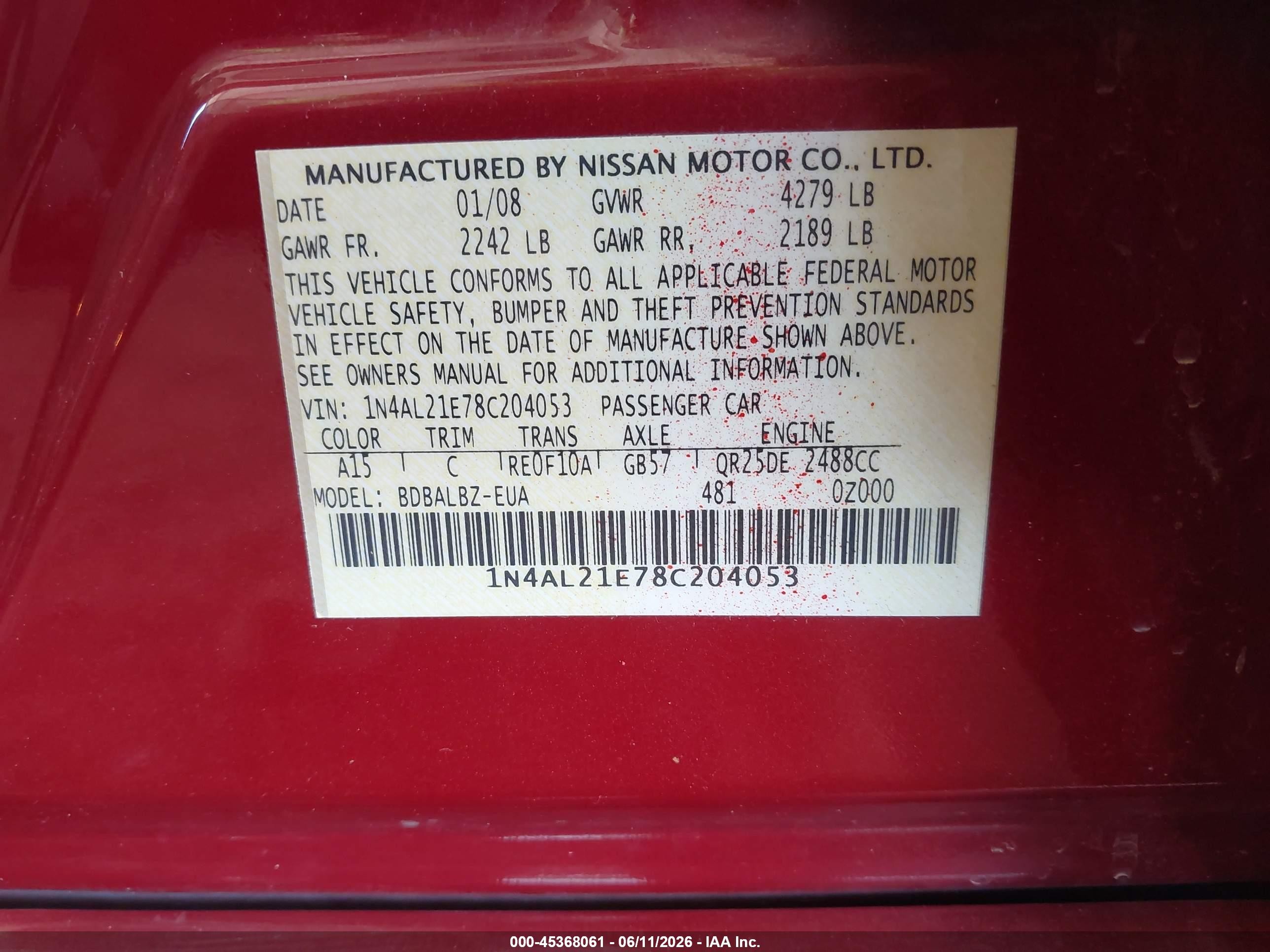 2008 Nissan Altima 2.5 S Burgundy vin: 1N4AL21E78C204053
