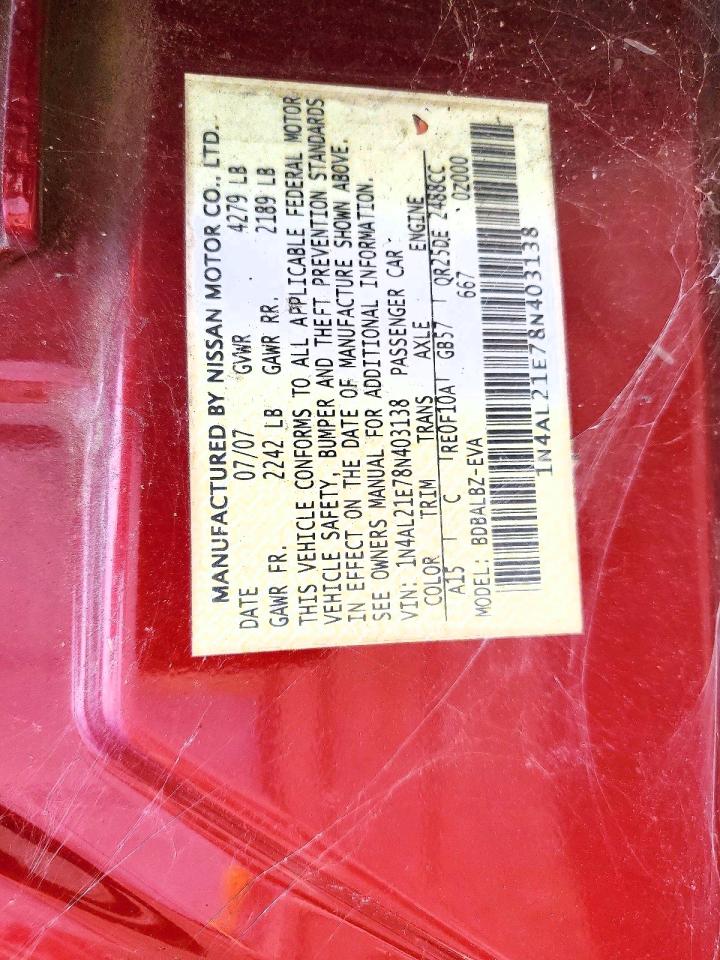 2008 Nissan Altima 2.5 Burgundy vin: 1N4AL21E78N403138