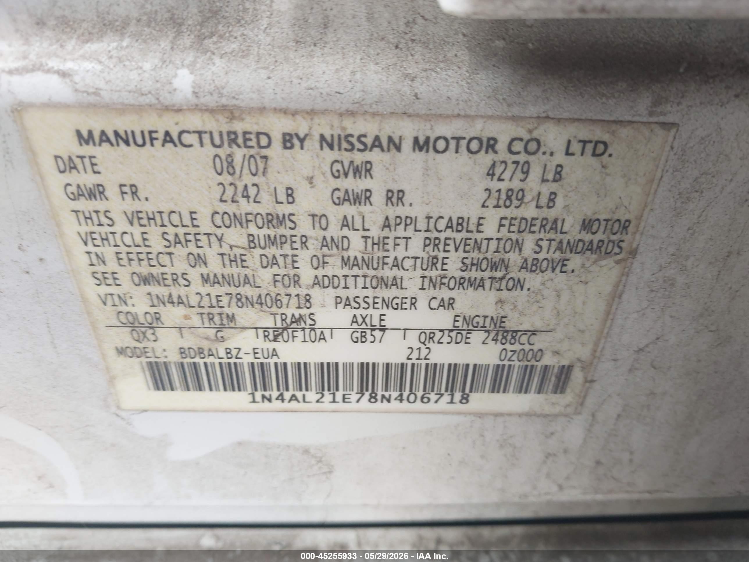 2008 Nissan Altima 2.5 S Белый vin: 1N4AL21E78N406718